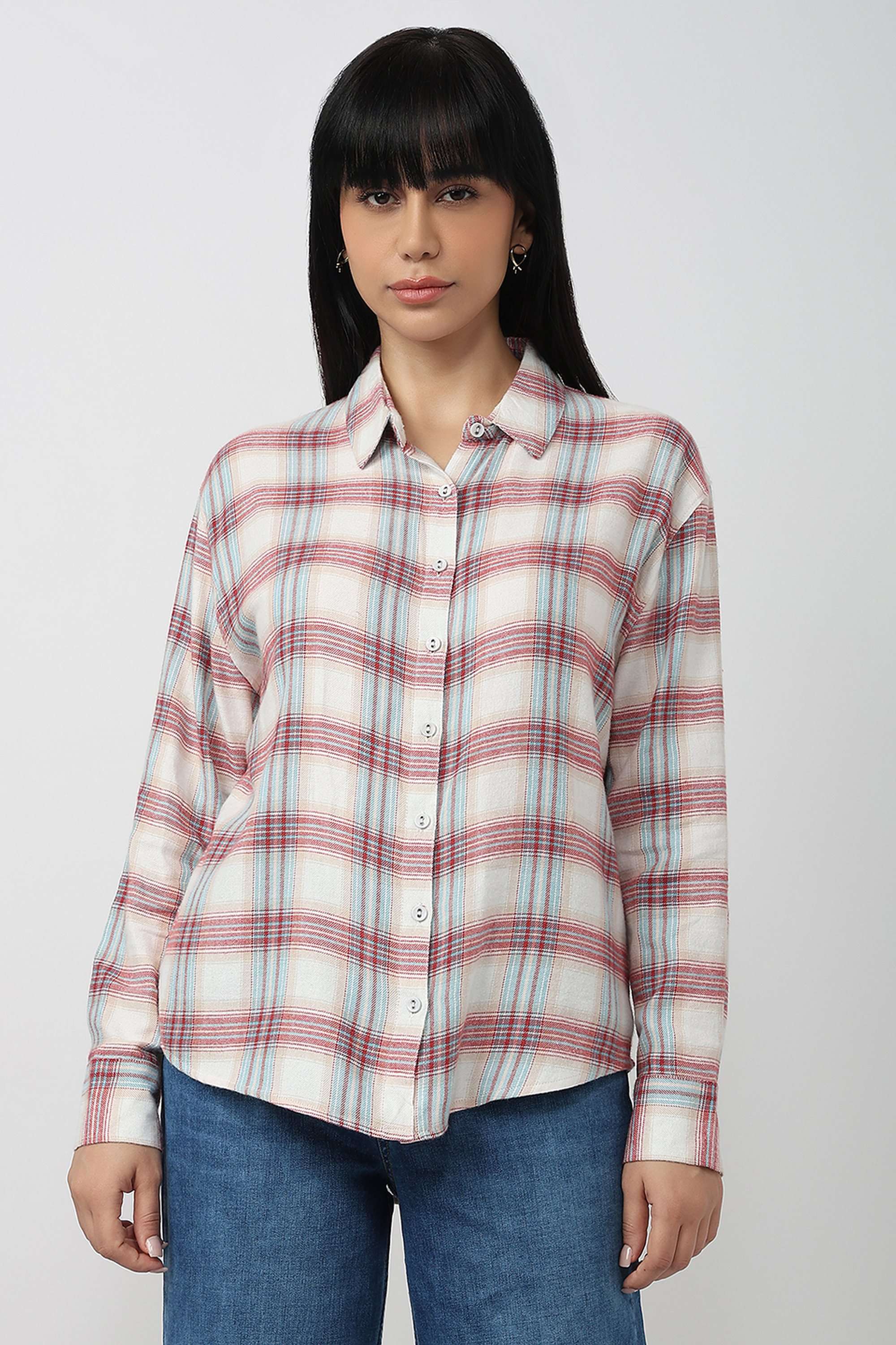 Checks-Collared-Blended-Fabric-Women-Casual-Wear-Shirt