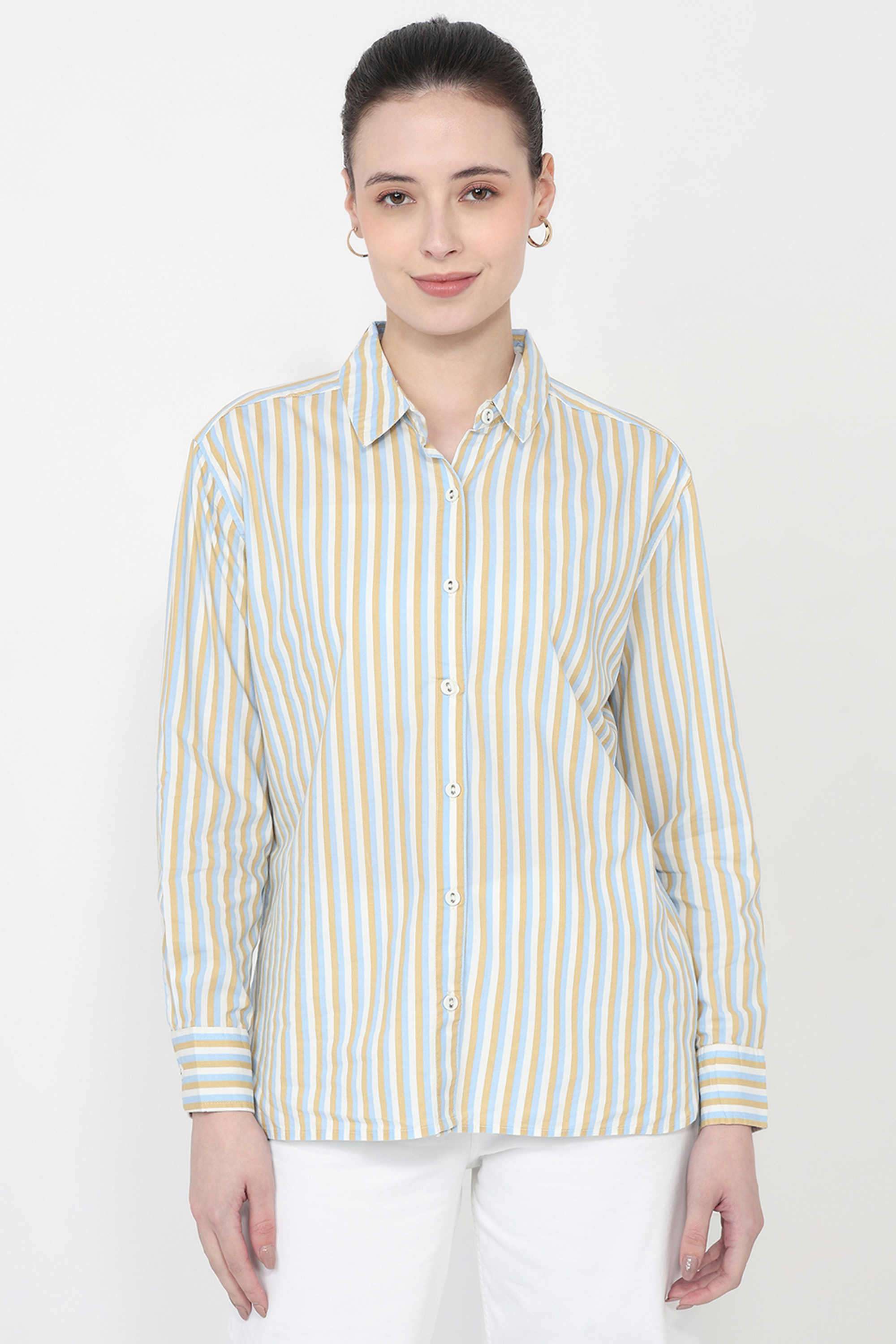 Stripes-Blended-Fabric-Collared-Women-s-Shirt