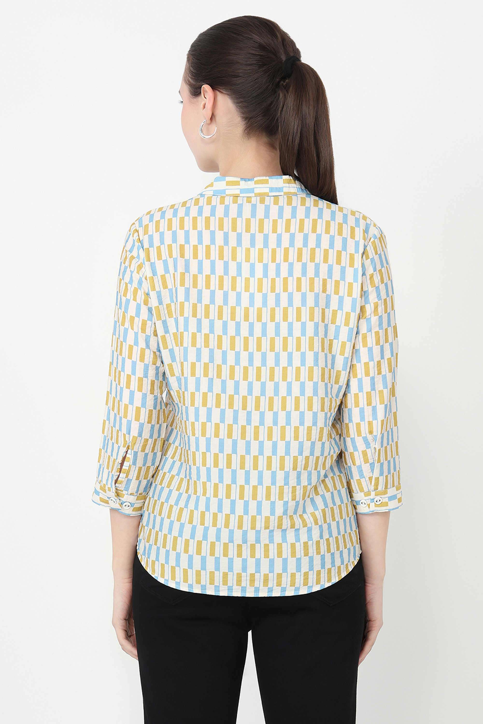 Geometric-Print-Blended-Fabric-Collared-Women-s-Shirt