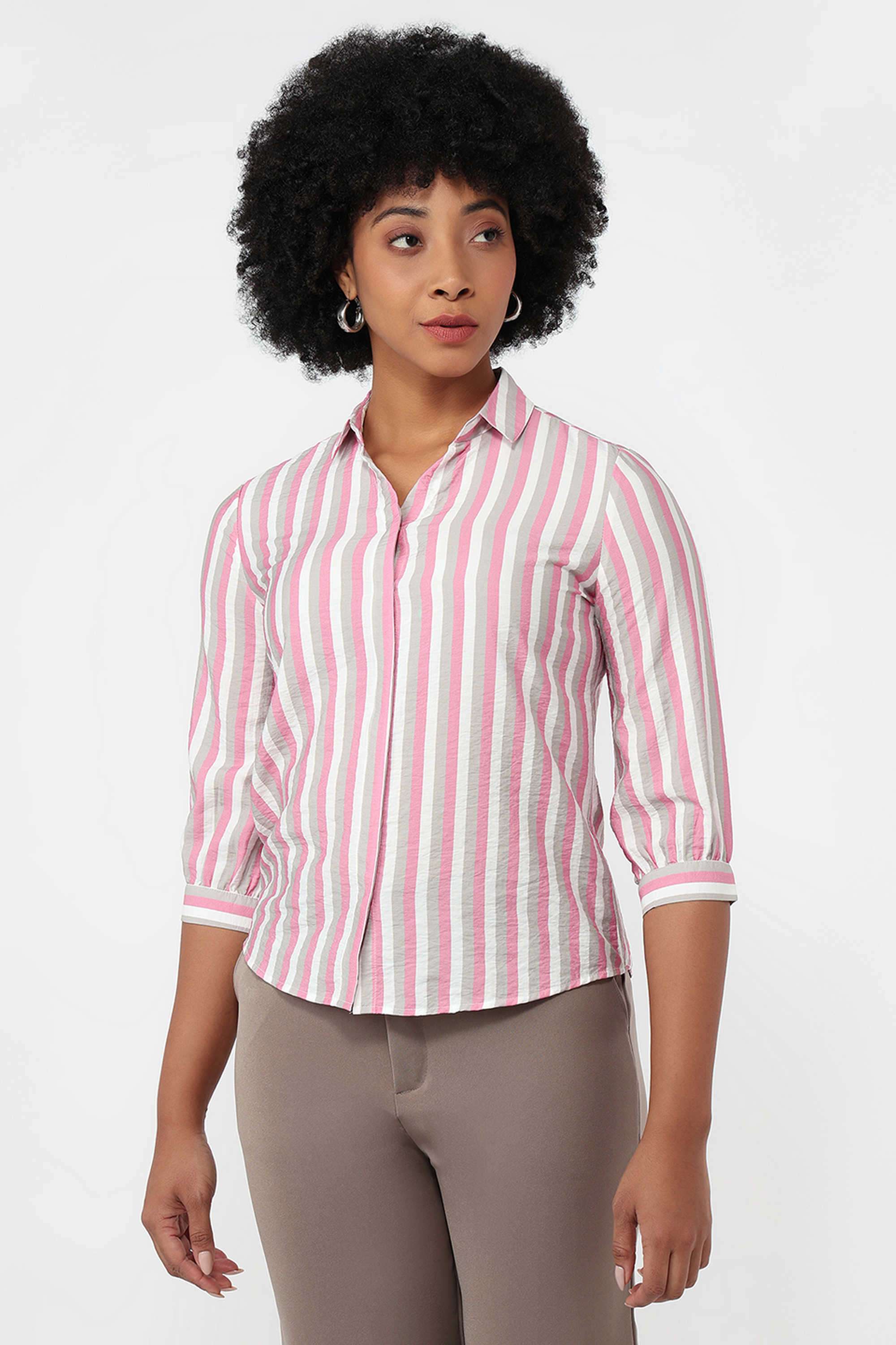 Stripes-Collared-Blended-Fabric-Women-s-Casual-Wear-Shirt
