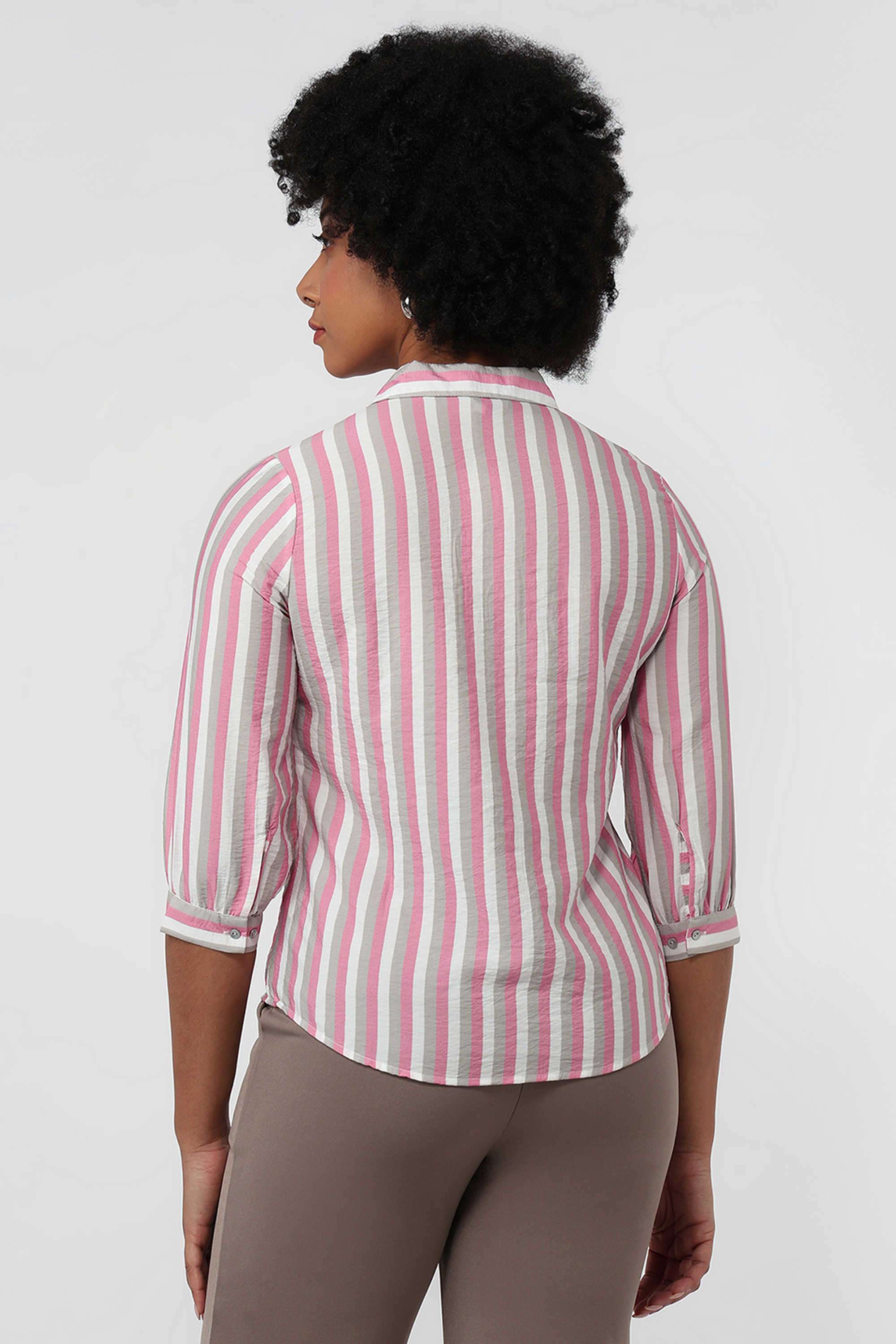Stripes-Collared-Blended-Fabric-Women-Casual-Wear-Shirt