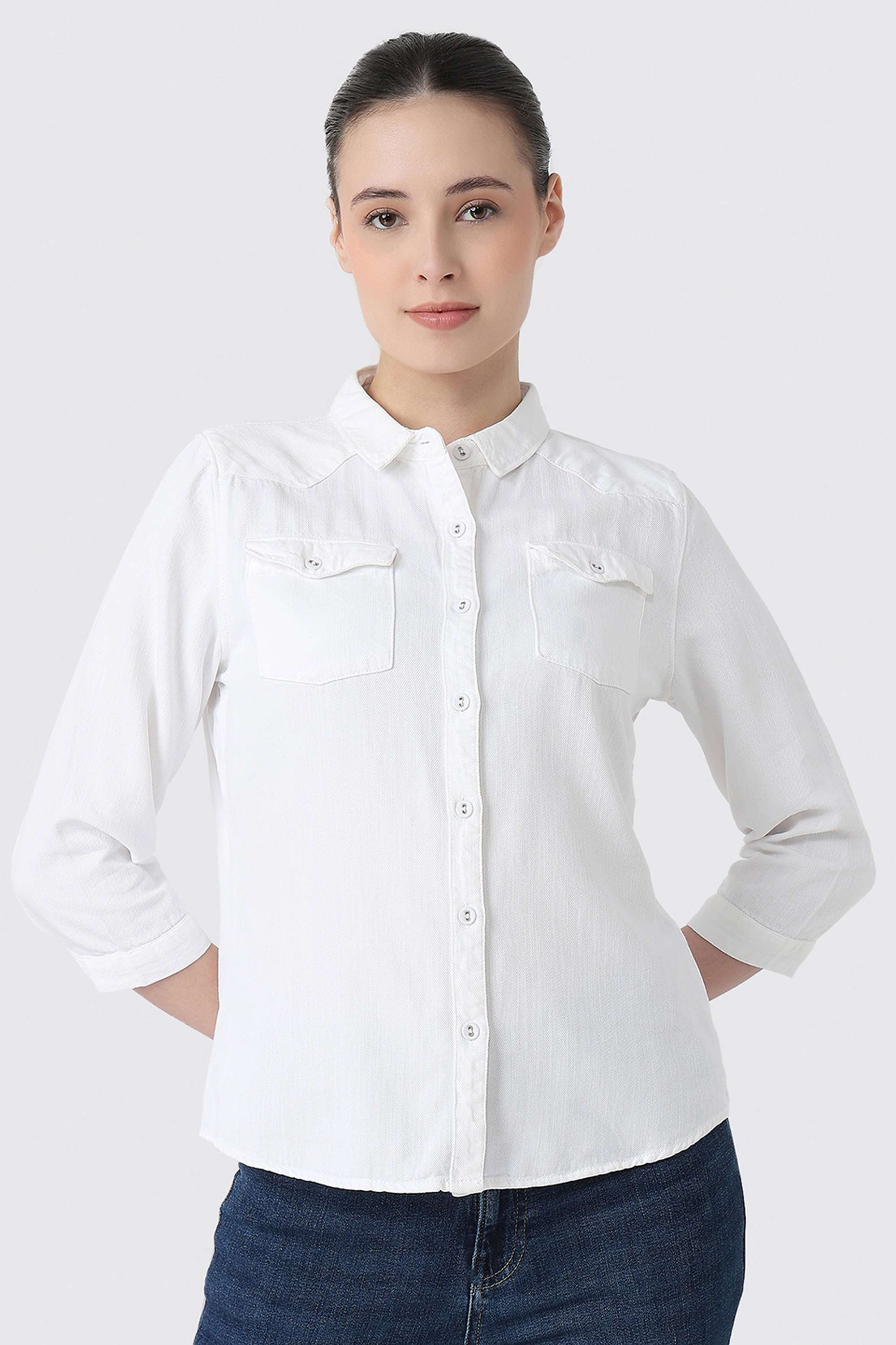 Solid-Blended-Fabric-Collared-Women-s-Shirt