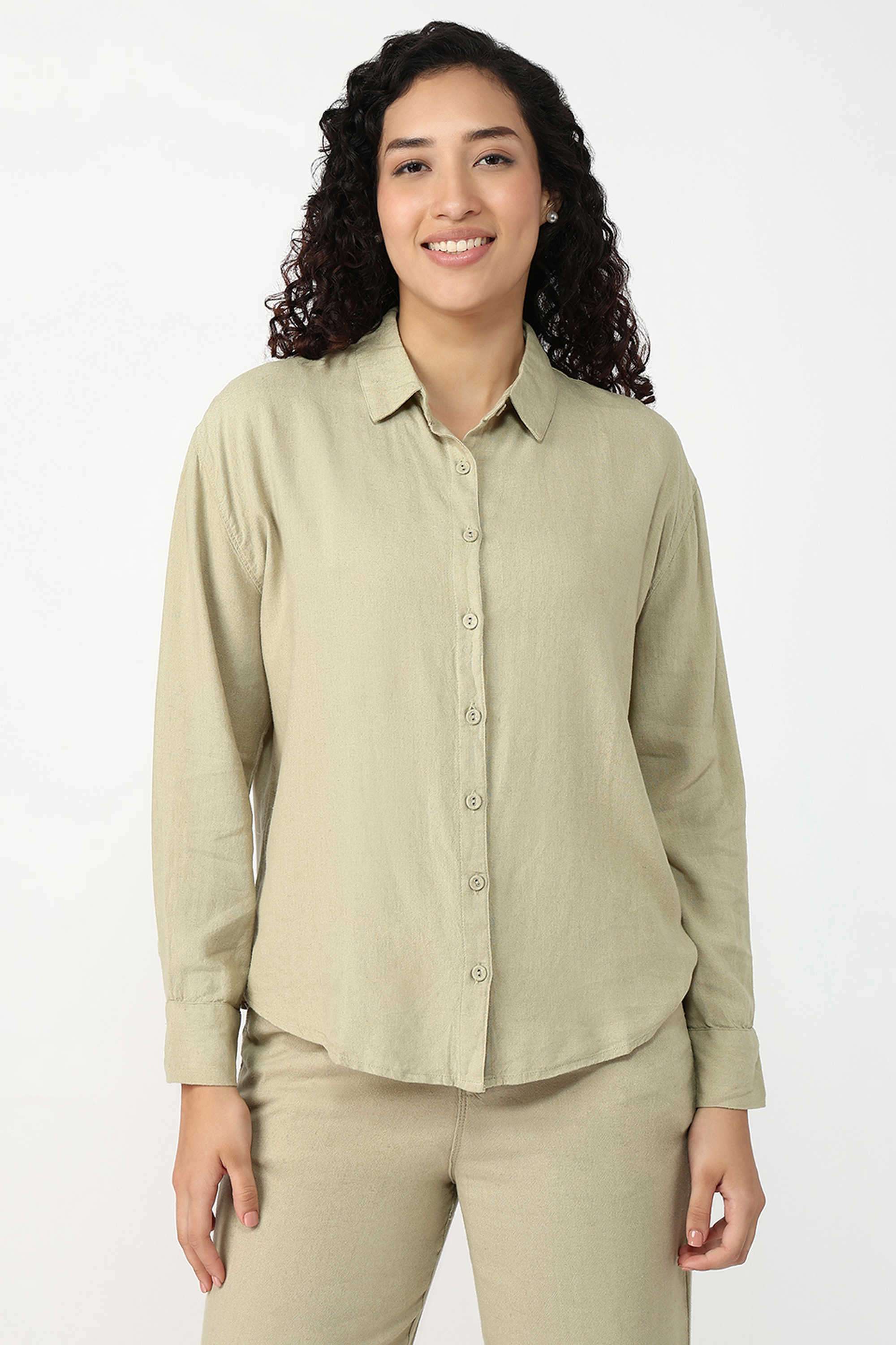Solid-Collared-Blended-Fabric-Women-s-Casual-Wear-Shirt