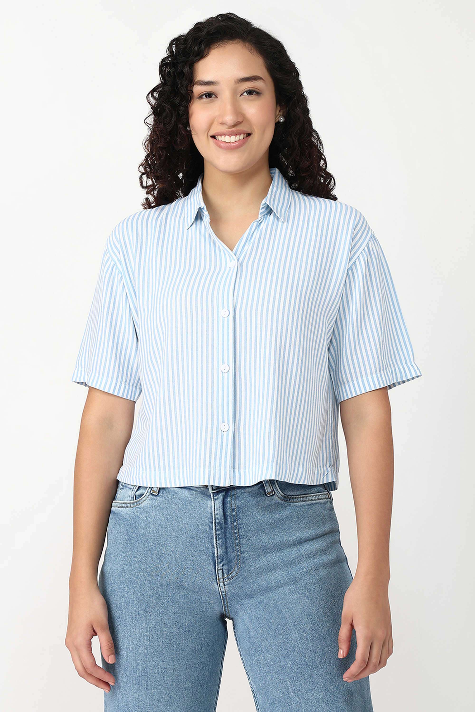 Stripes-Collared-Blended-Fabric-Women-s-Casual-Wear-Shirt