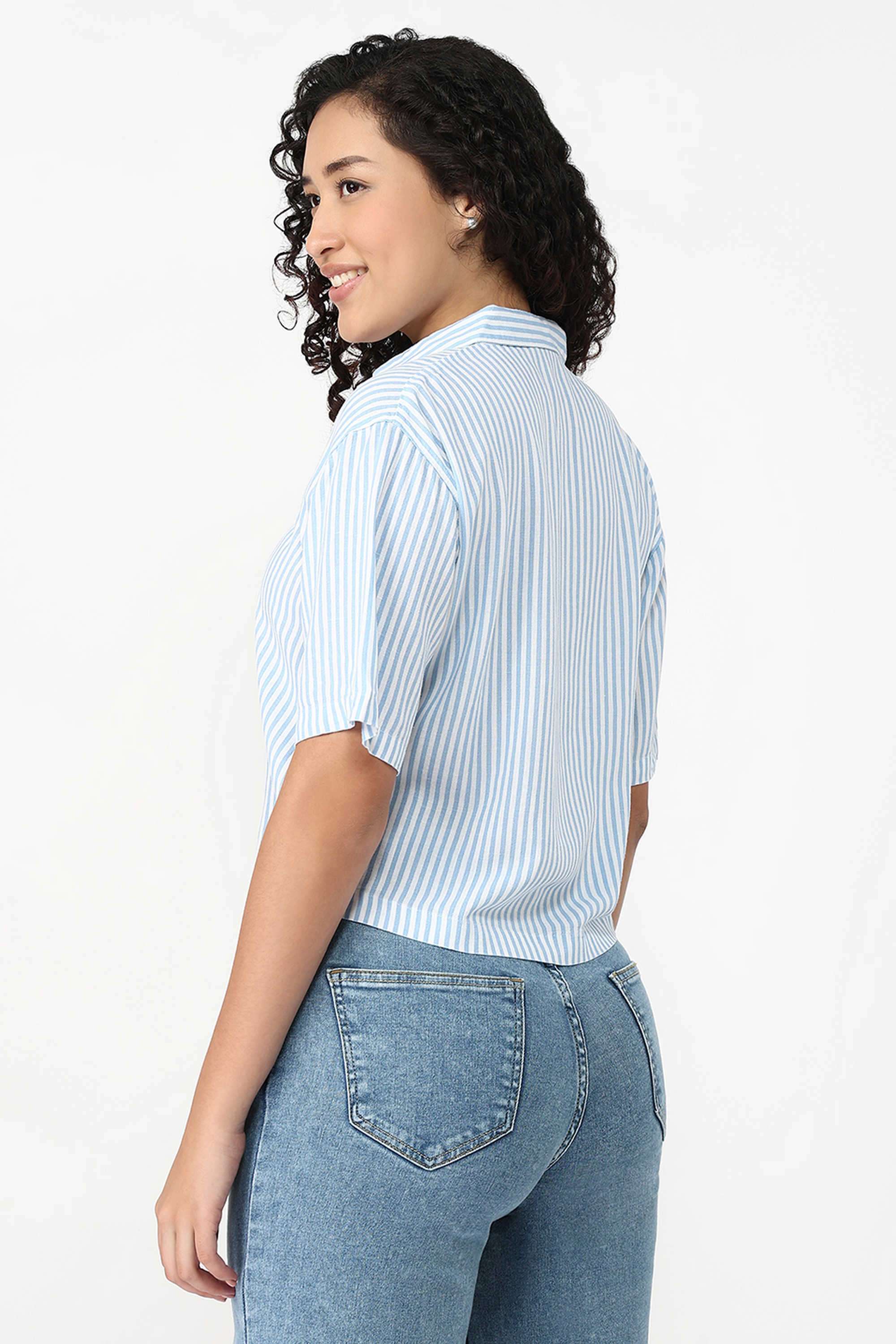Stripes-Collared-Blended-Fabric-Women-s-Casual-Wear-Shirt