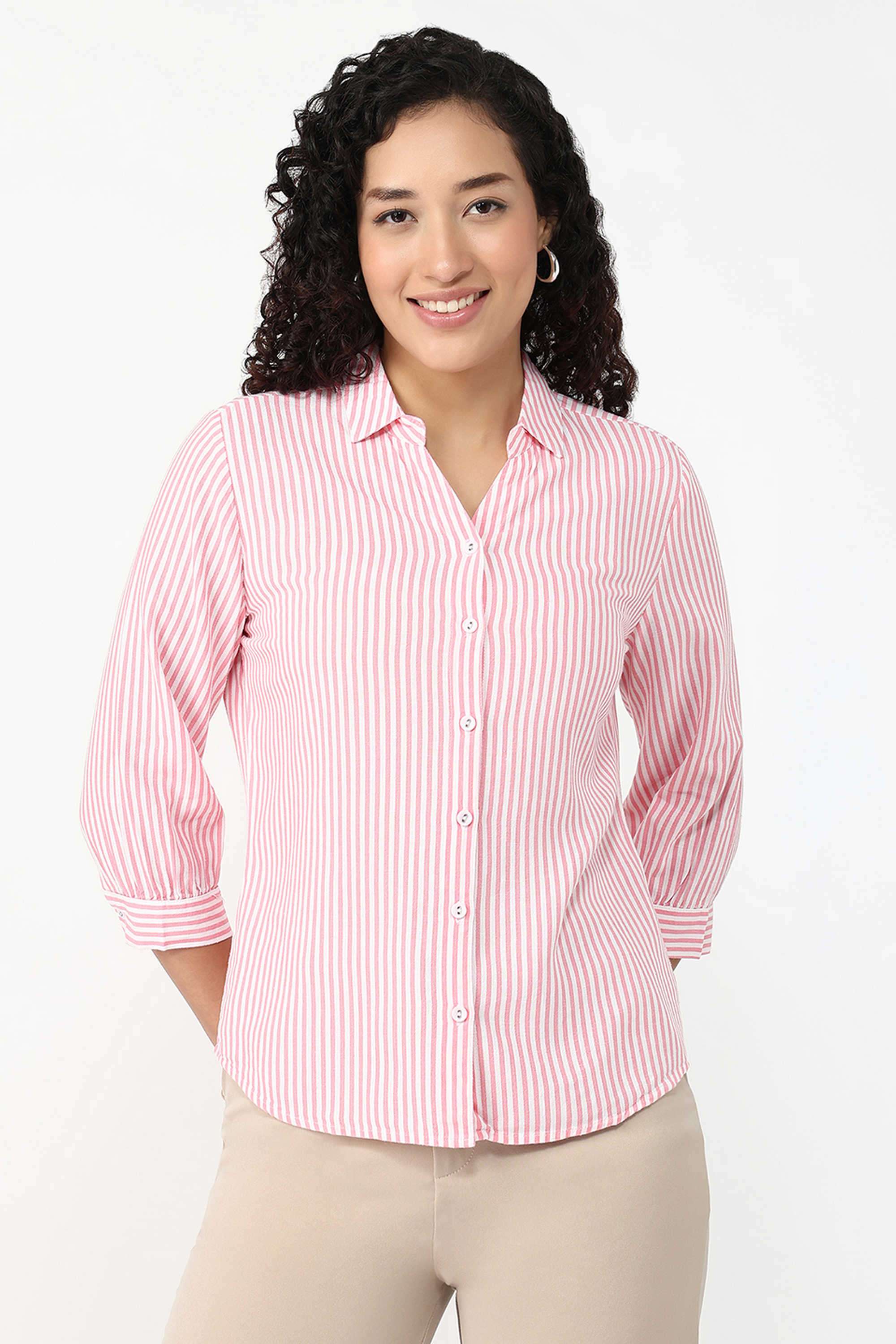 Stripes-Collared-Blended-Fabric-Women-s-Casual-Wear-Shirt