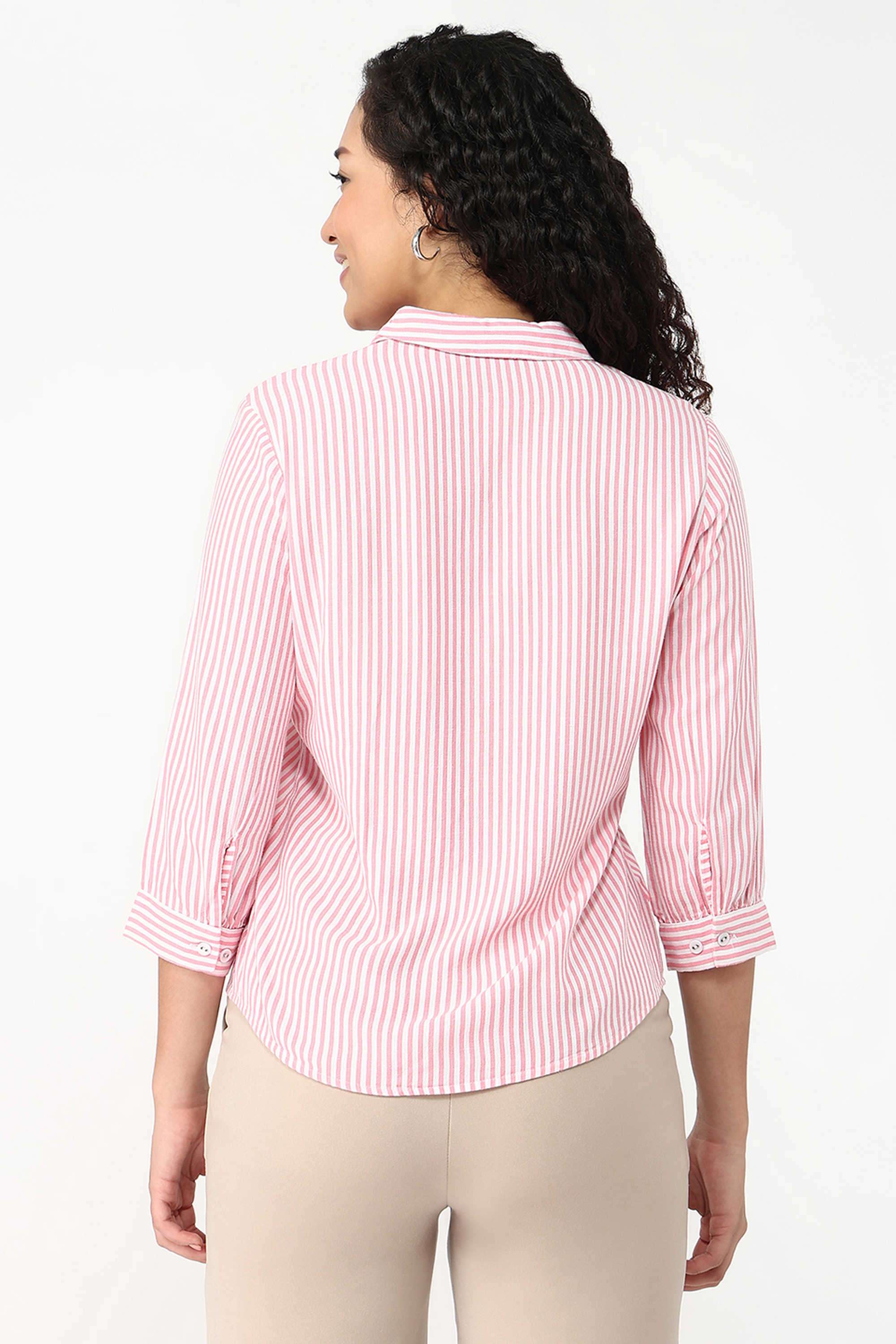 Stripes-Collared-Blended-Fabric-Women-s-Casual-Wear-Shirt