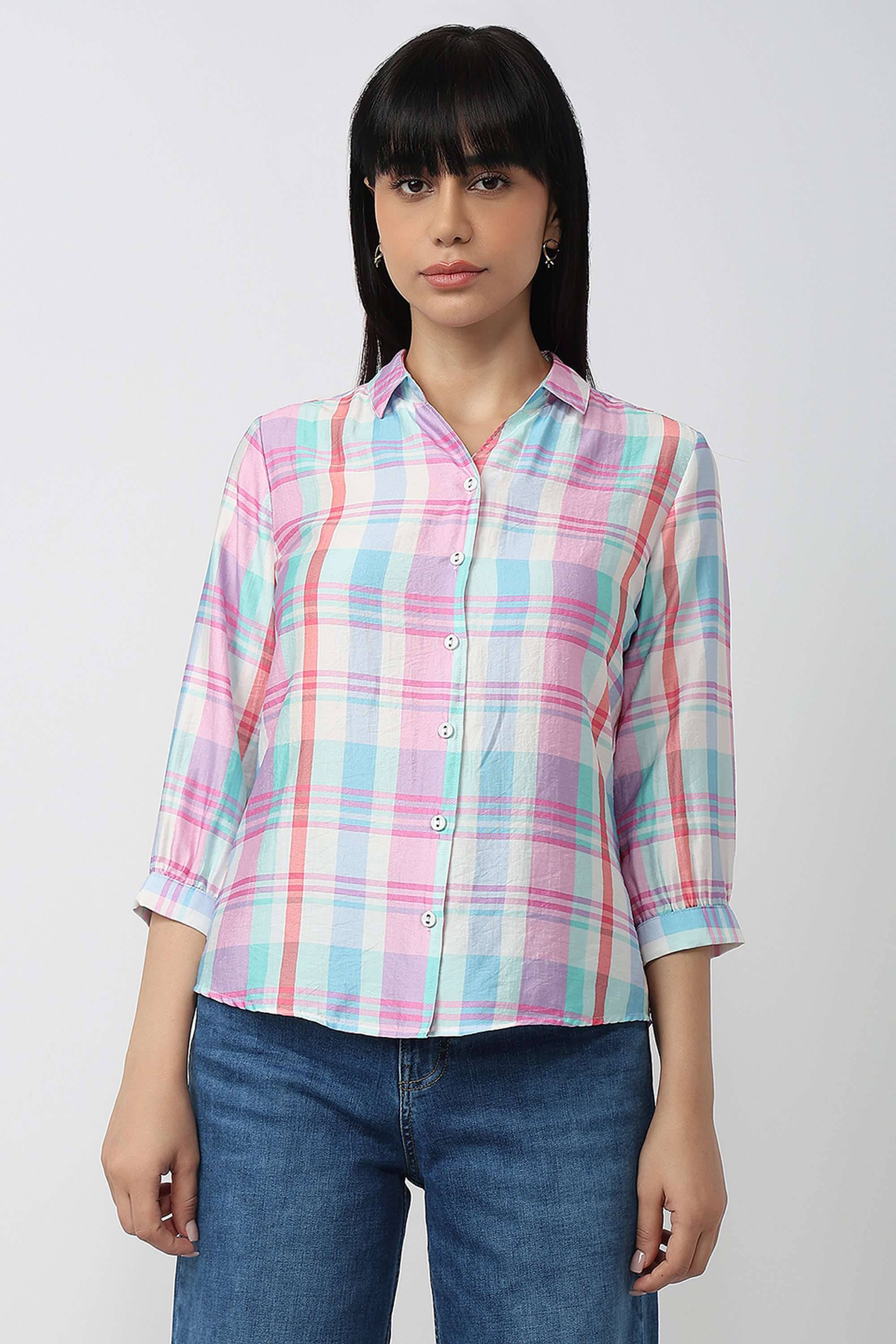 Checks-Collared-Blended-Fabric-Women-Casual-Wear-Shirt