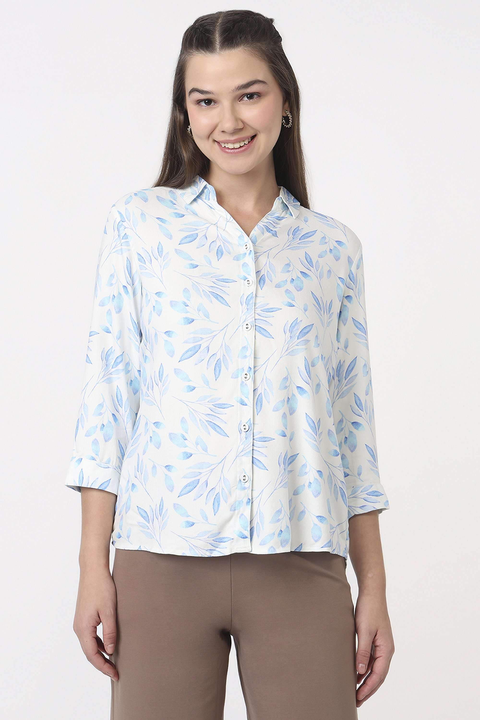 Floral-Collared-Rayon-Women-Casual-Wear-Shirt