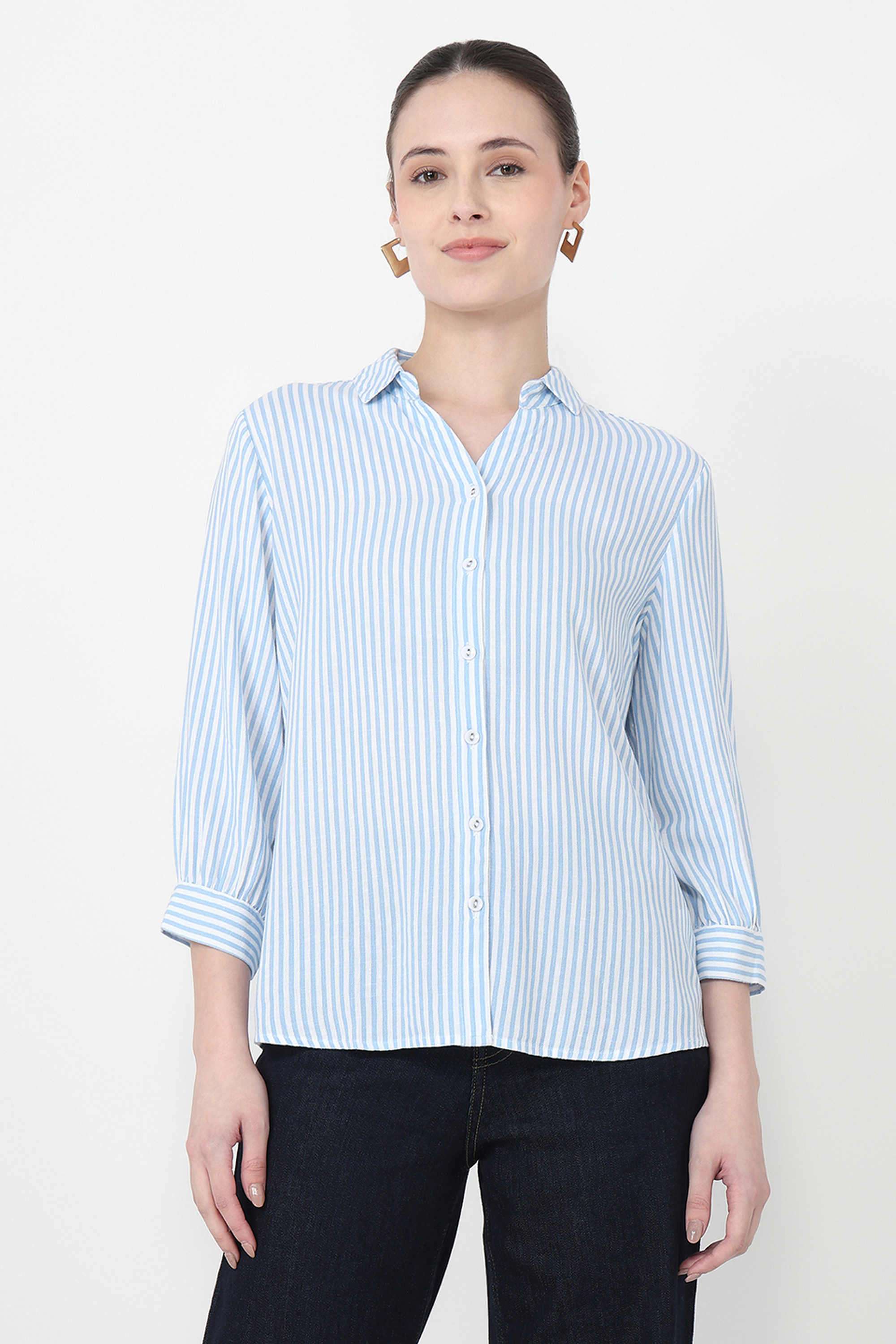 Stripes-Blended-Fabric-Collared-Women-s-Shirt