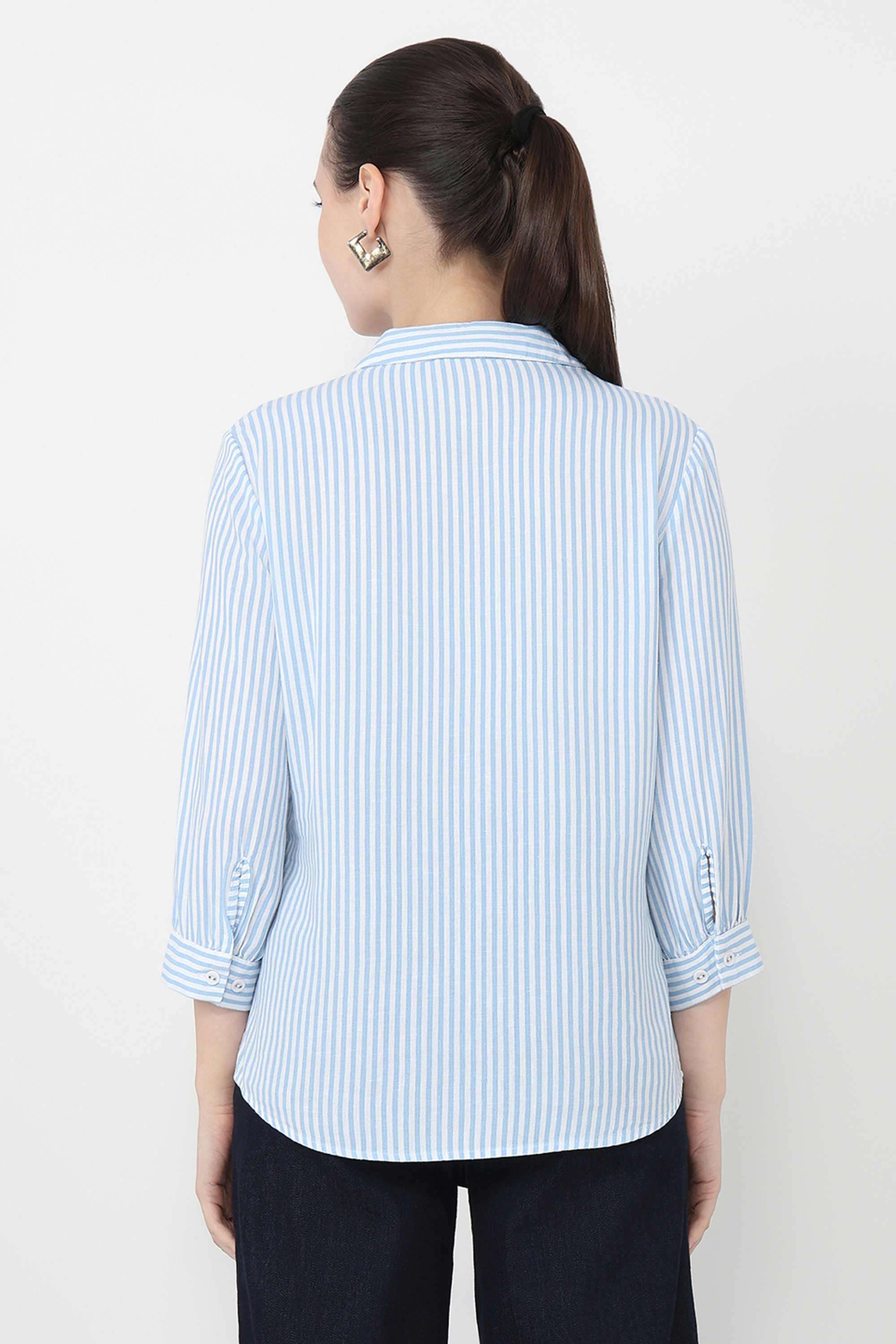 Stripes-Blended-Fabric-Collared-Women-s-Shirt