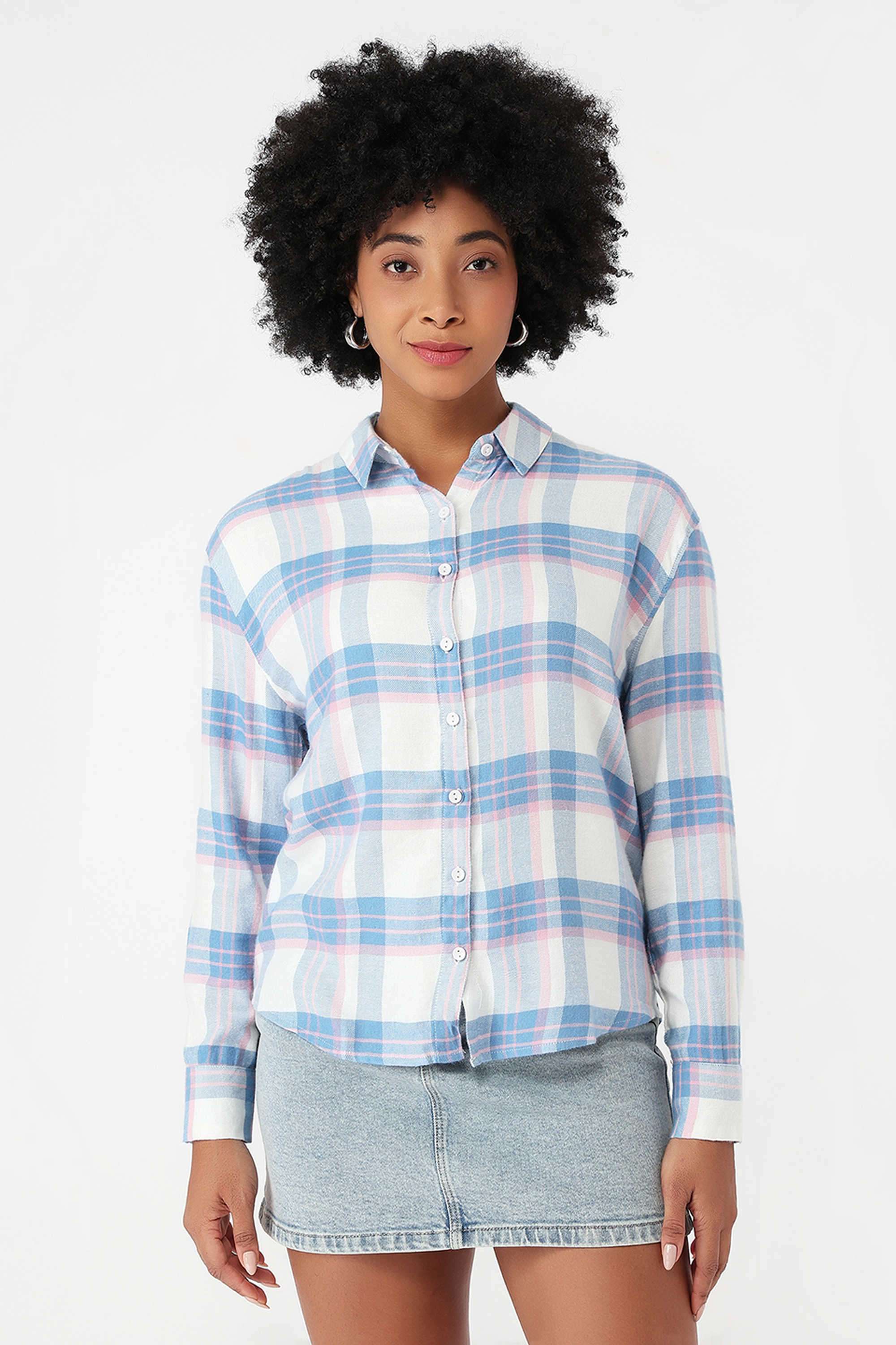 Checks-Collared-Blended-Fabric-Women-s-Casual-Wear-Shirt