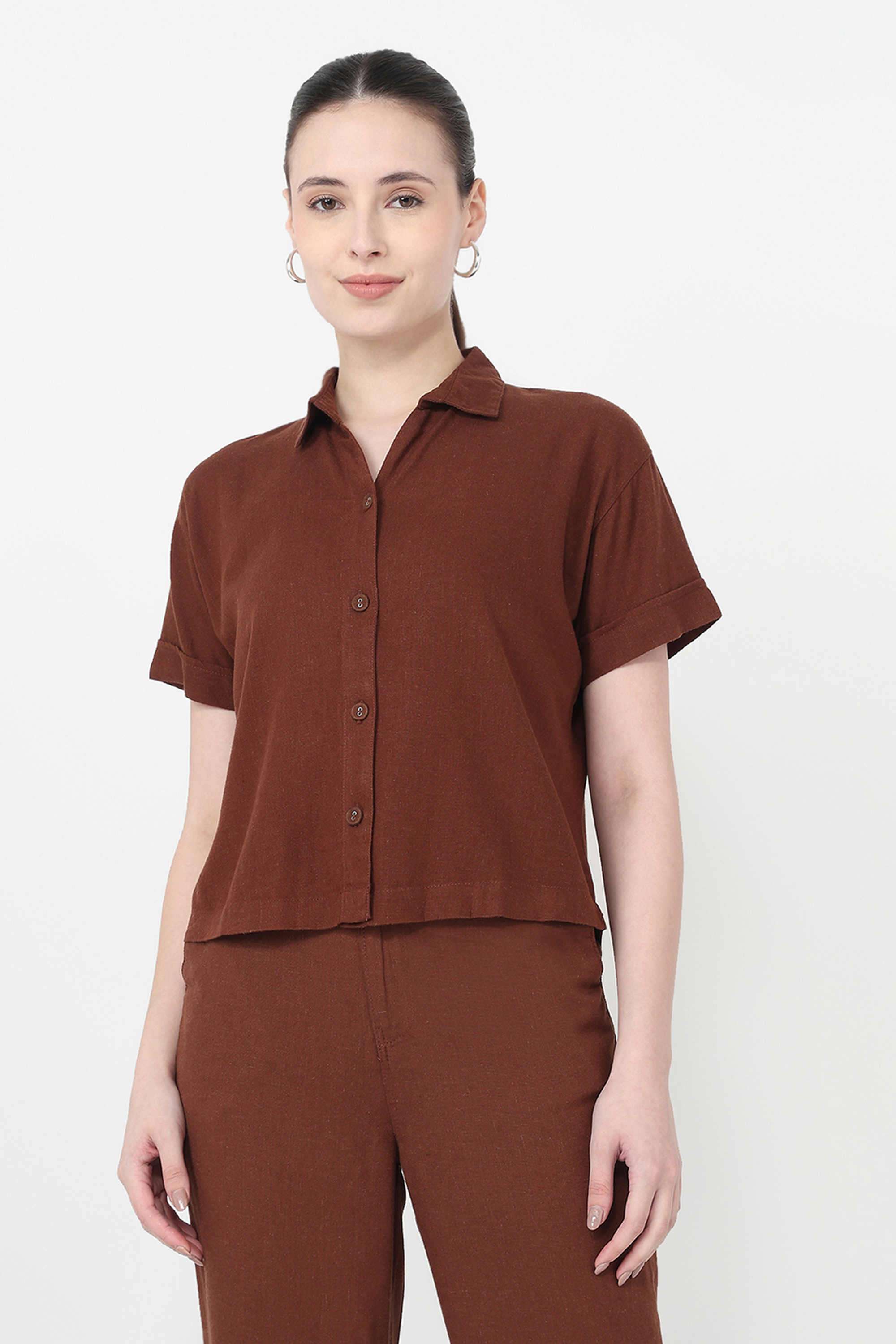 Solid-Blended-Fabric-Collared-Women-s-Shirt