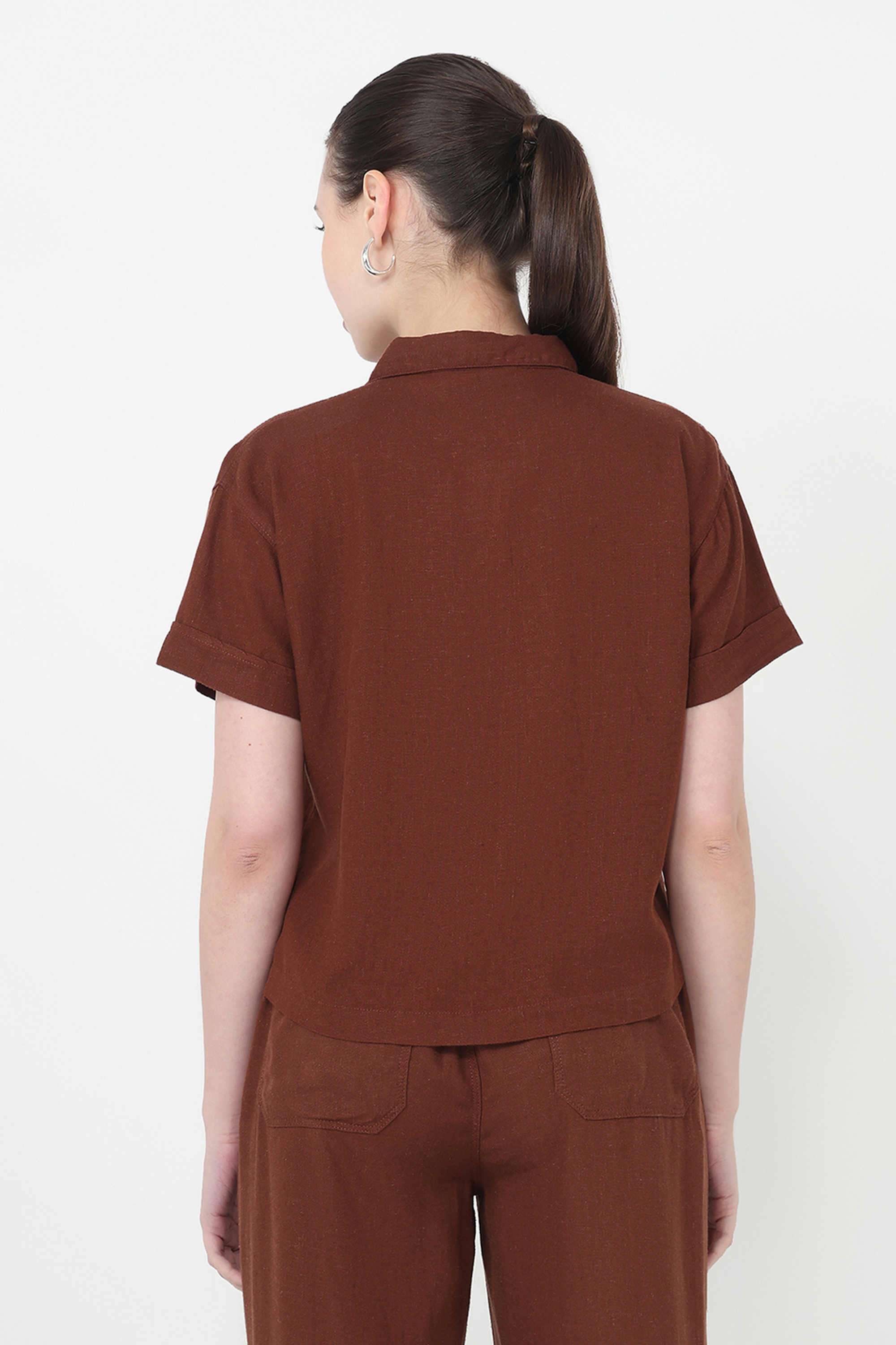 Solid-Blended-Fabric-Collared-Women-s-Shirt