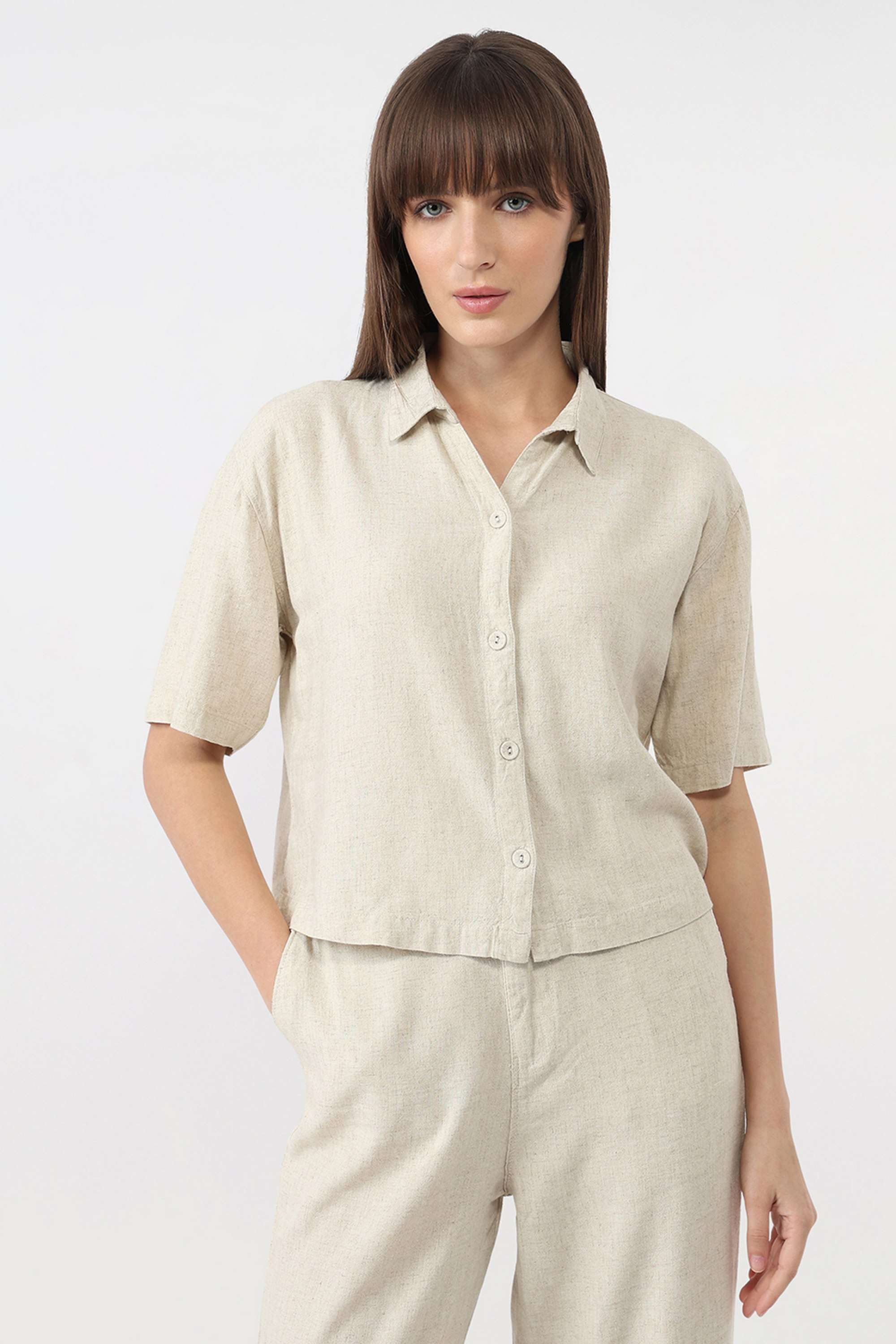Solid-Collared-Cotton-Women-s-Casual-Wear-Shirt