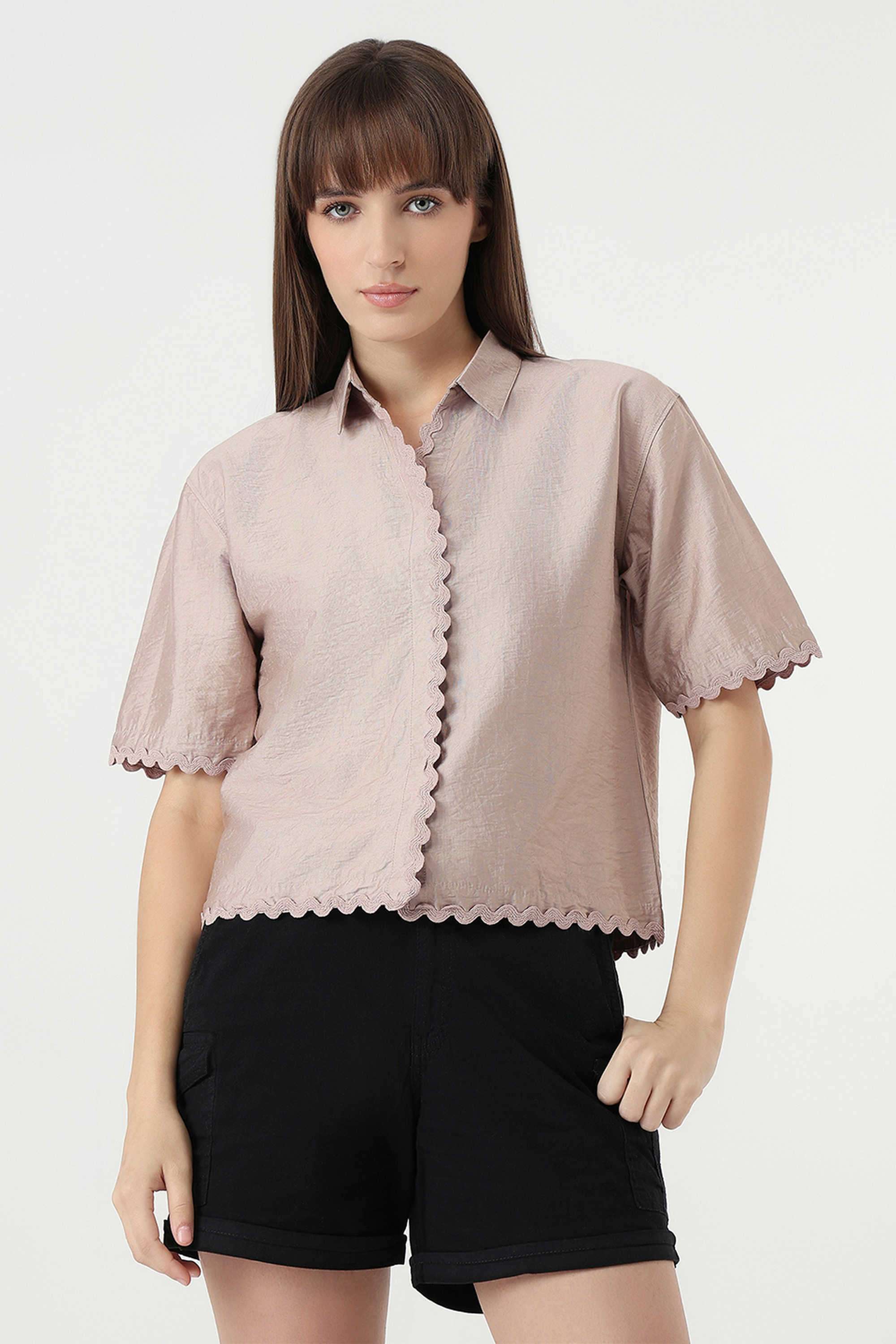 Solid-Collared-Blended-Fabric-Women-s-Casual-Wear-Shirt