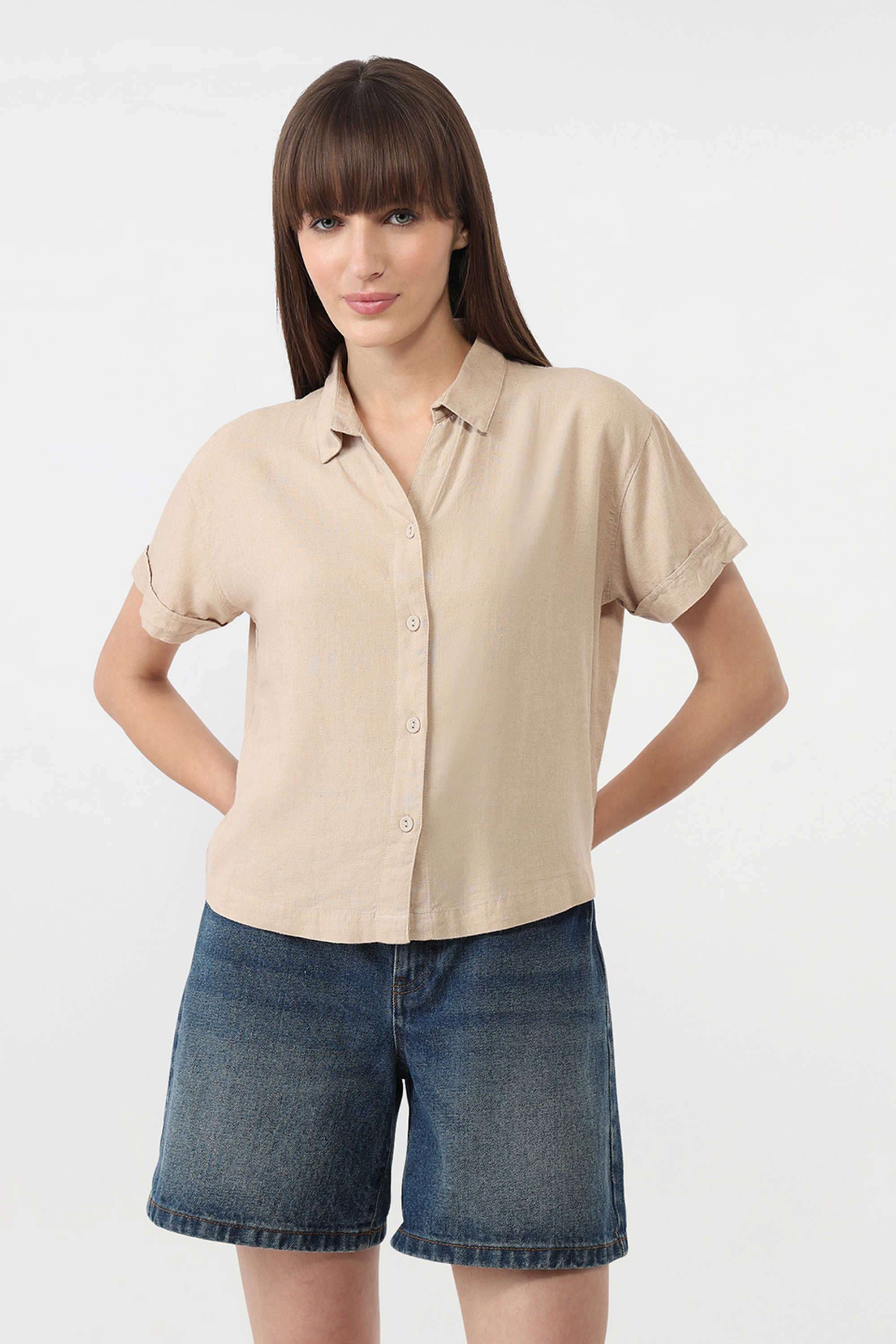 Solid-Collared-Blended-Fabric-Women-s-Casual-Wear-Shirt