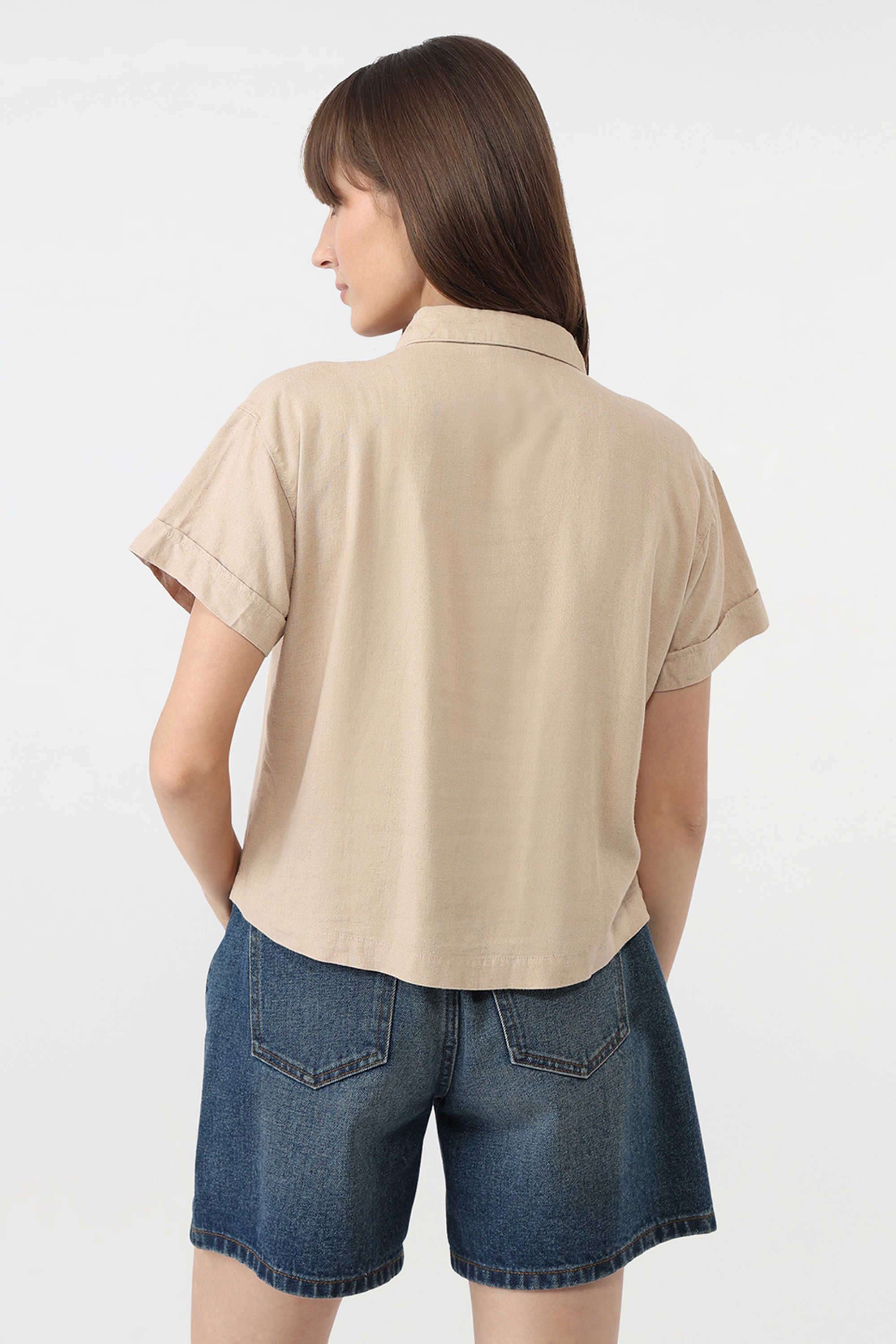 Solid-Collared-Blended-Fabric-Women-Casual-Wear-Shirt