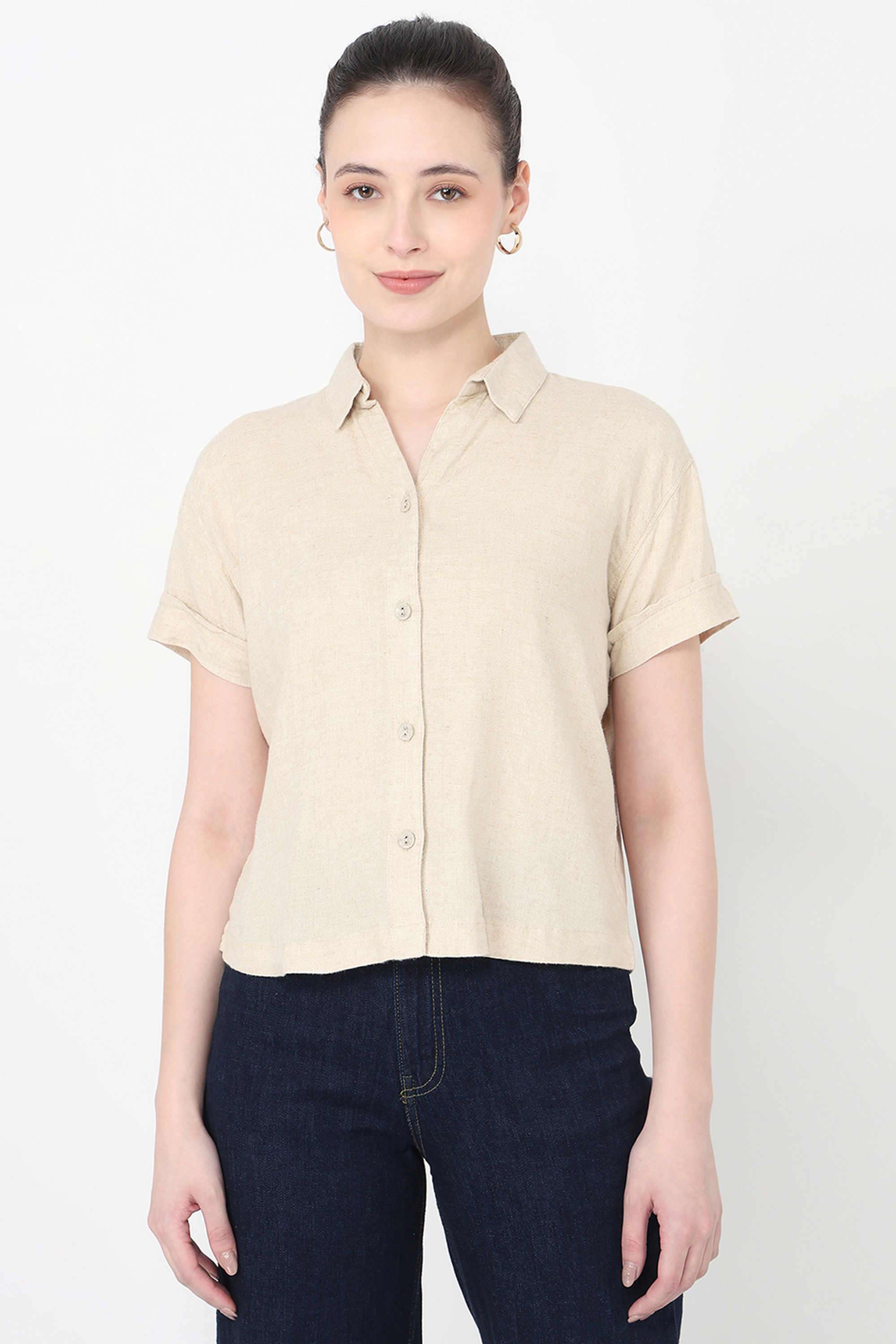 Solid-Blended-Fabric-Collared-Women-s-Shirt