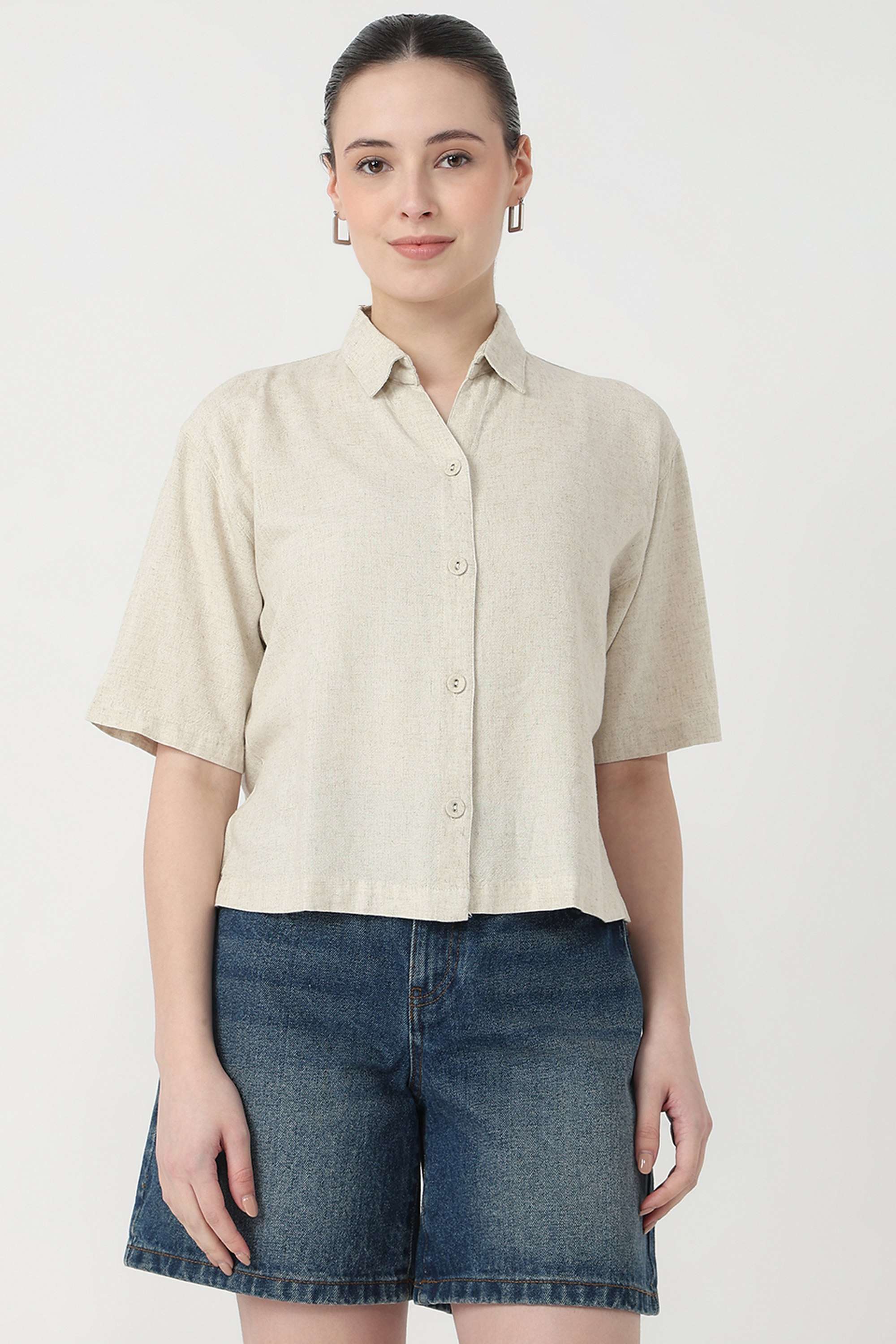 Solid-Blended-Fabric-Collared-Women-s-Shirt