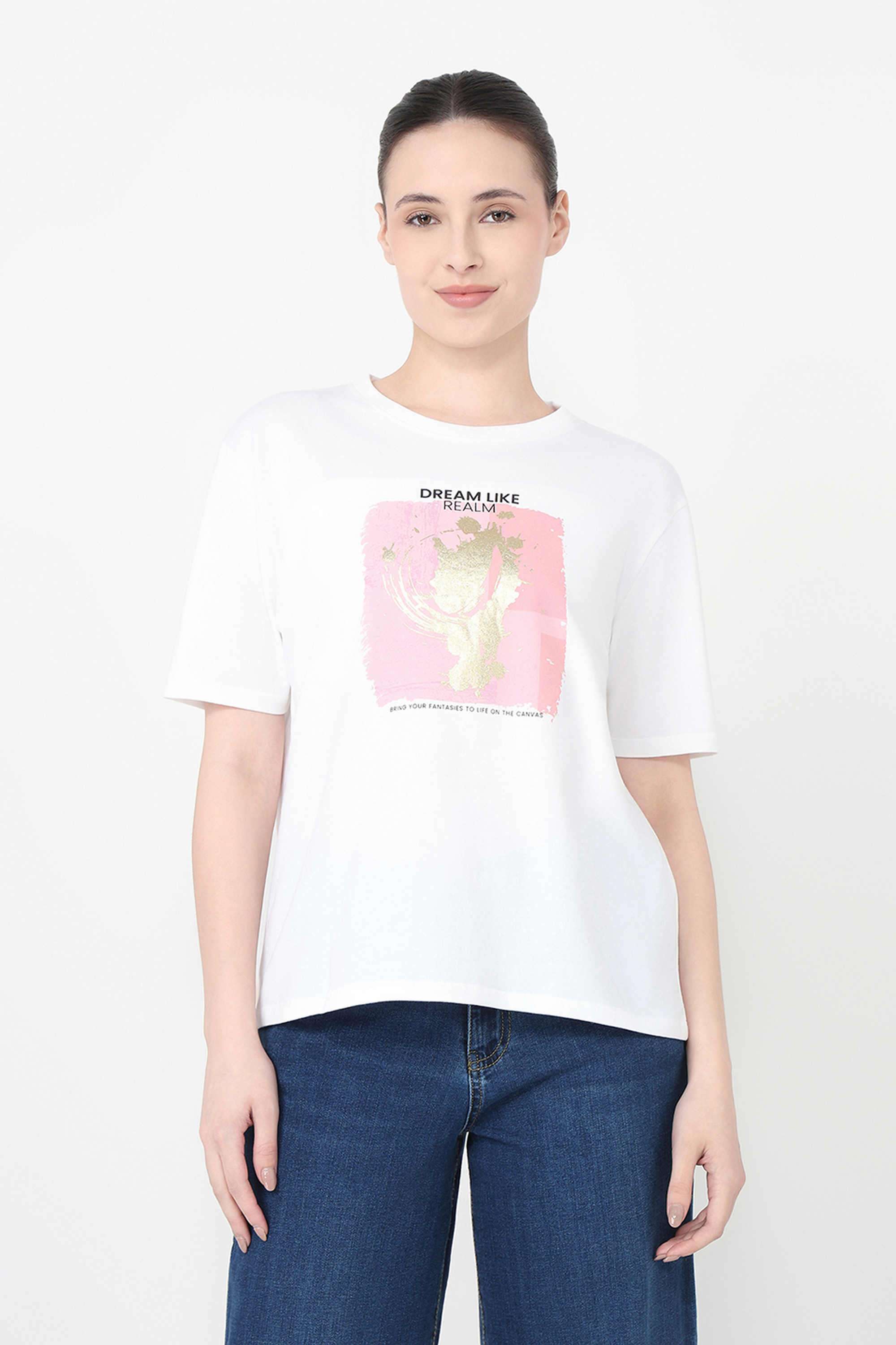 Graphic-Print-Blended-Fabric-Round-Neck-Women-s-T-Shirt