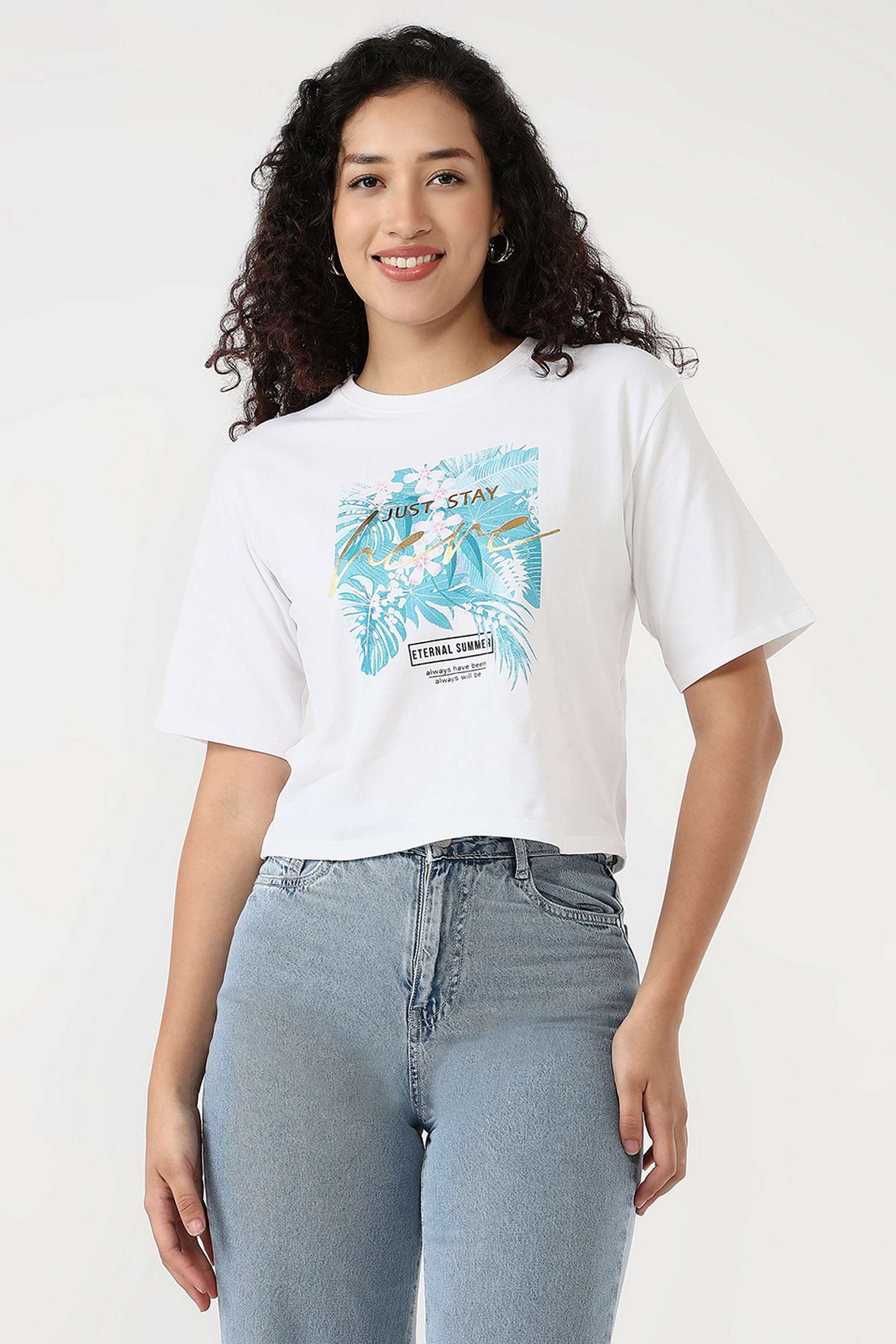 Graphic-Print-Blended-Fabric-Round-Neck-Women-s-T-Shirt