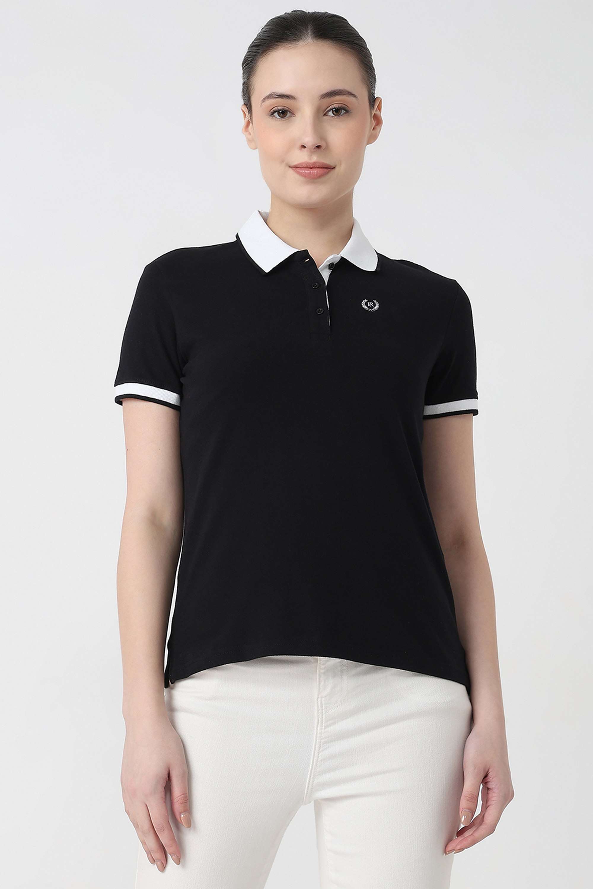 Solid-Blended-Fabric-Polo-Women-s-T-Shirt