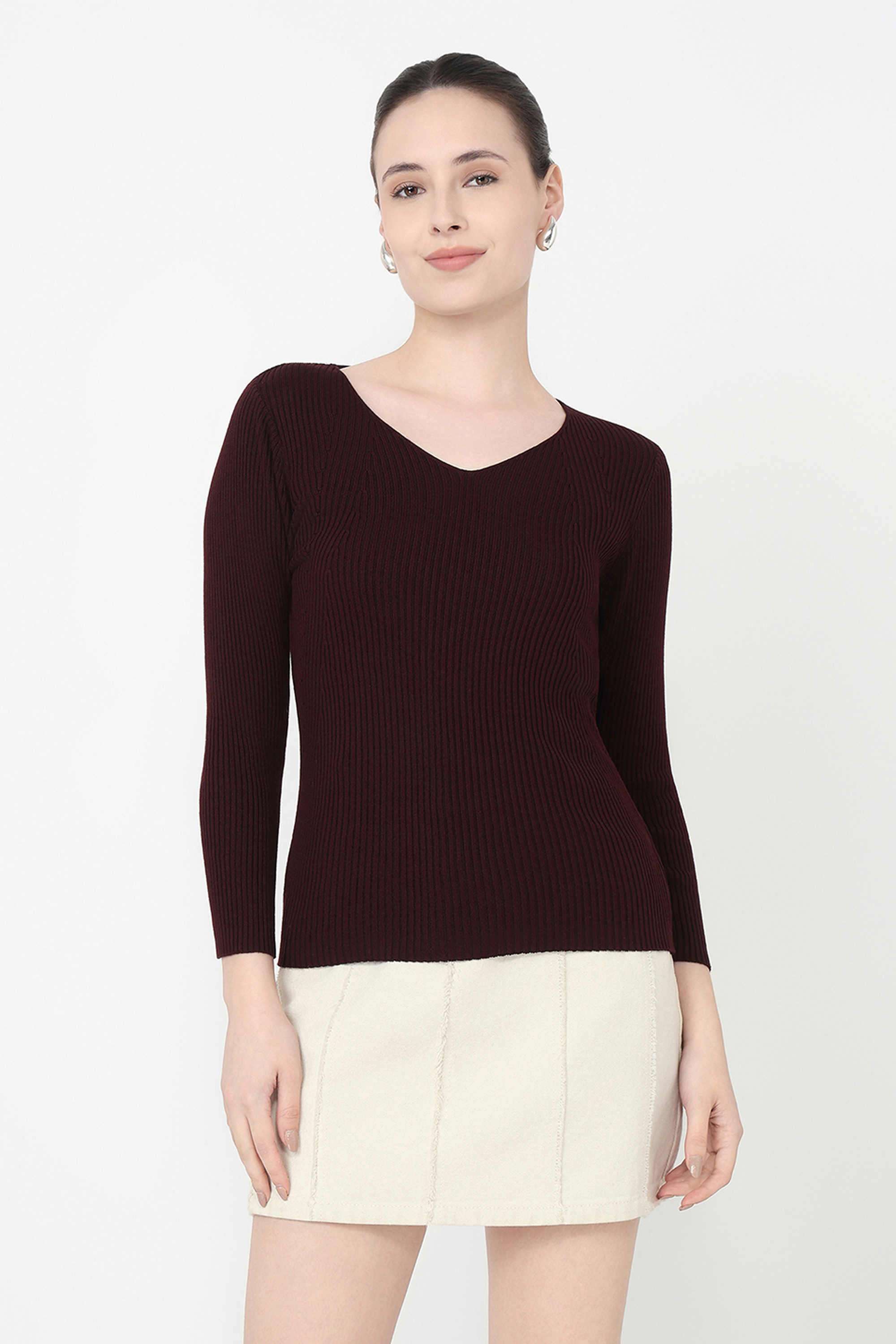 Solid-Blended-Fabric-V-Neck-Women-s-Top