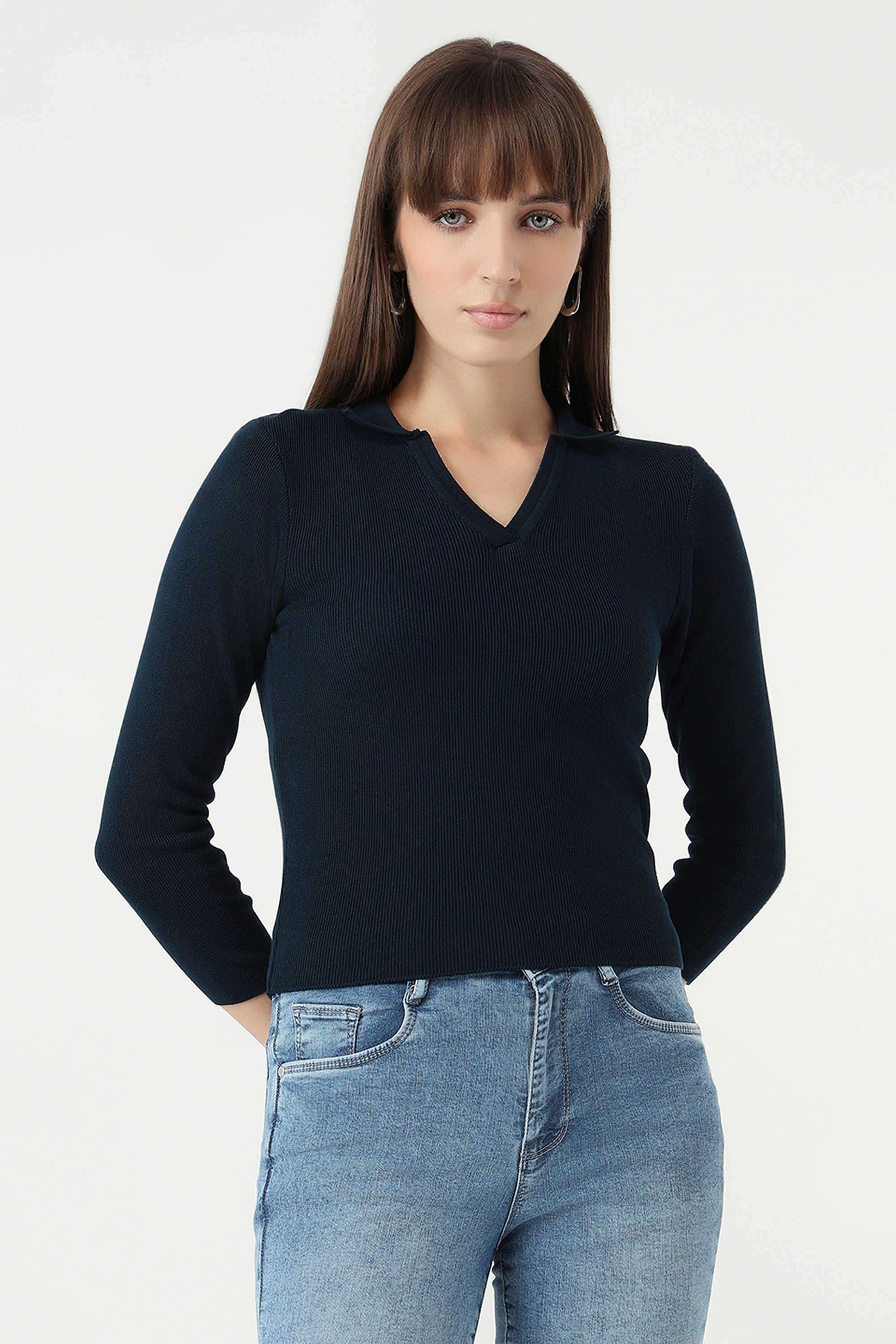 Knitted-Blended-Fabric-Polo-Women-s-Top