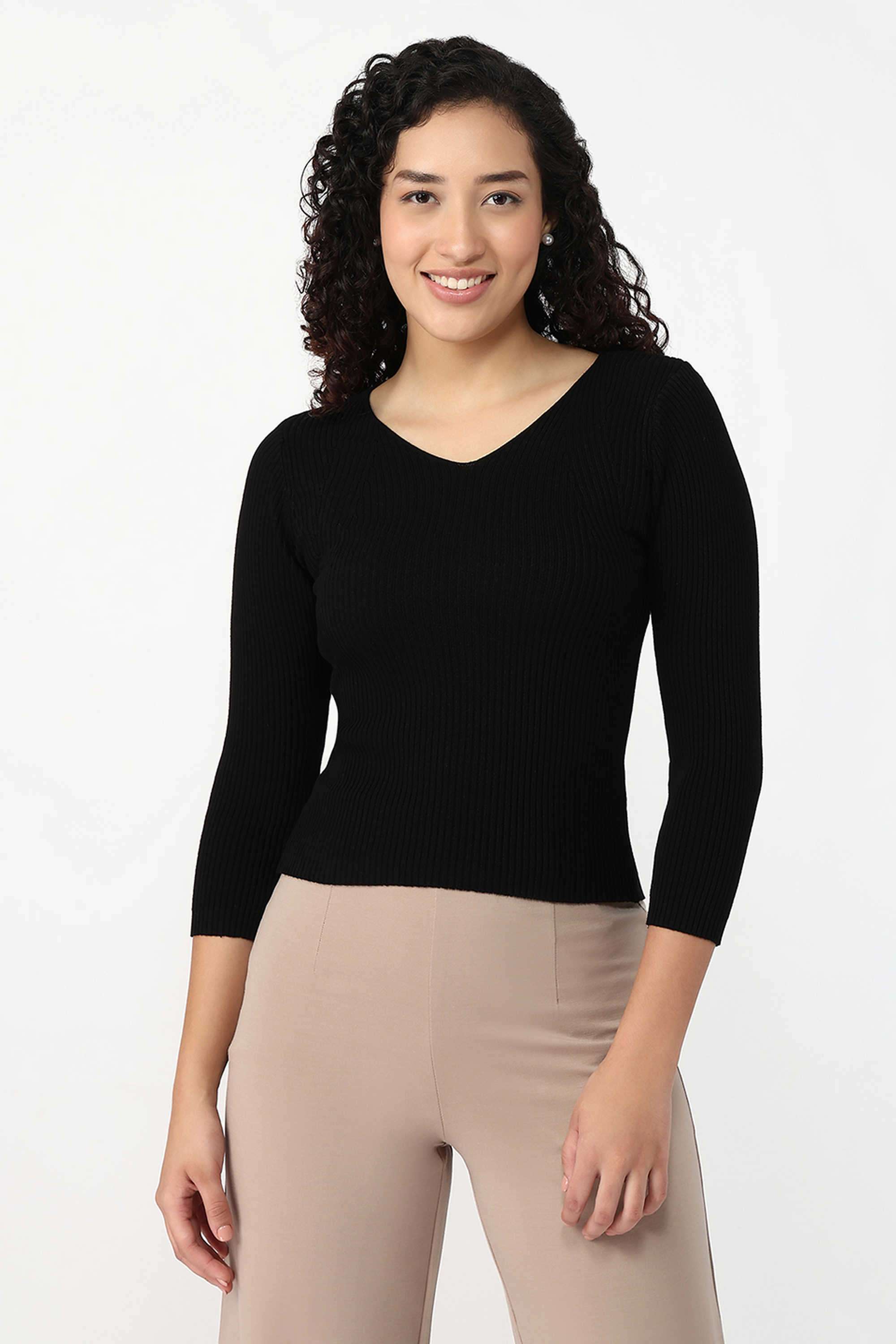 Knitted-Blended-Fabric-V-Neck-Women-s-Top