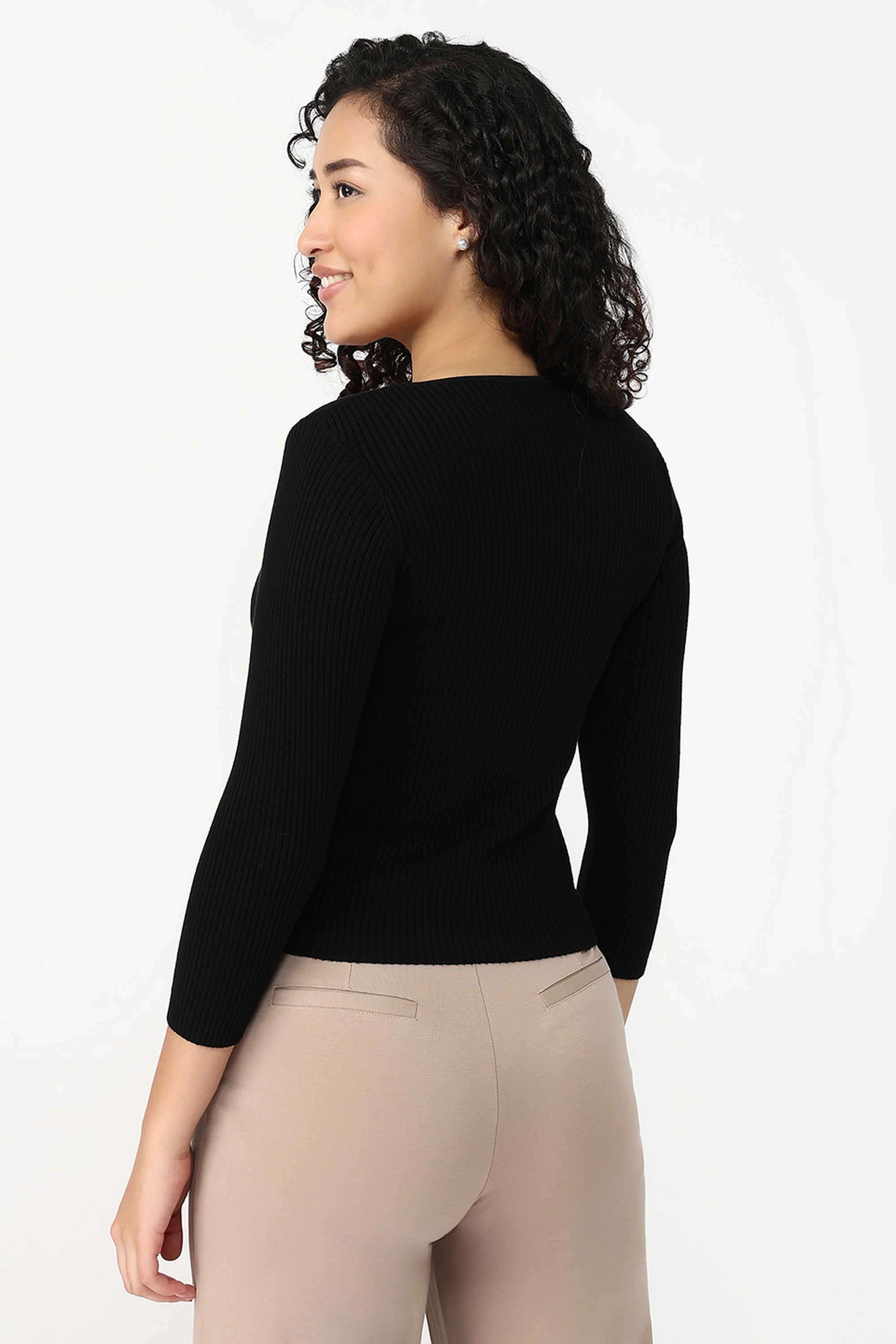 Knitted-Blended-Fabric-V-Neck-Women-s-Top