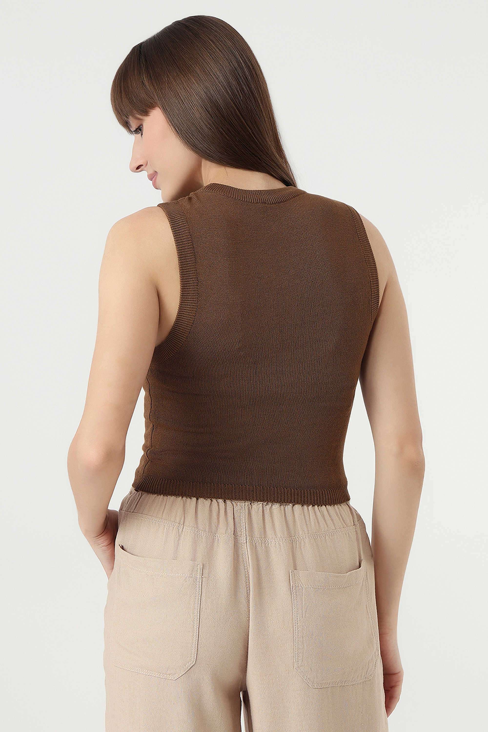 Solid-Blended-Fabric-Round-Neck-Women-Top