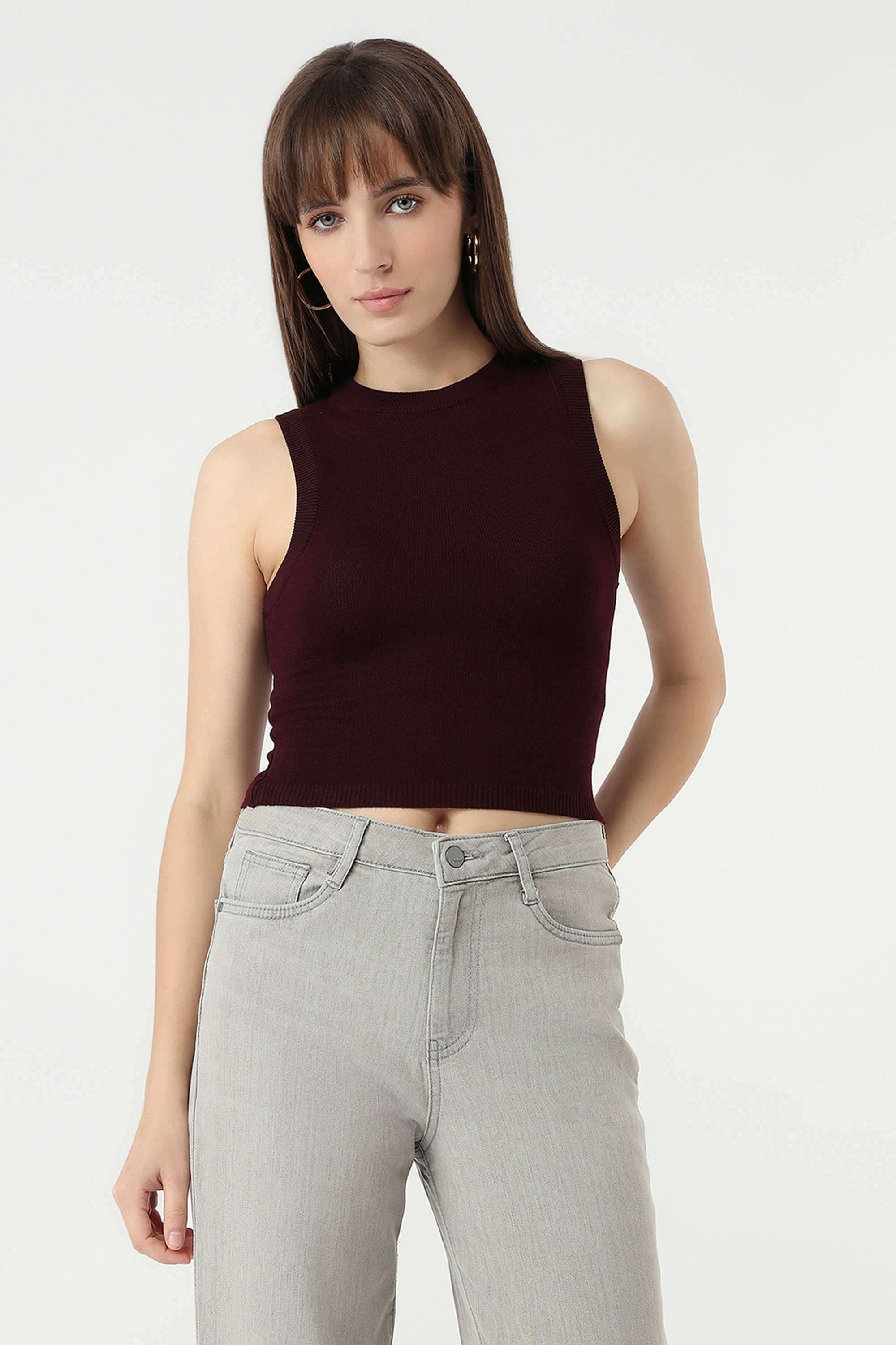 Solid-Blended-Fabric-Round-Neck-Women-s-Tank-Top