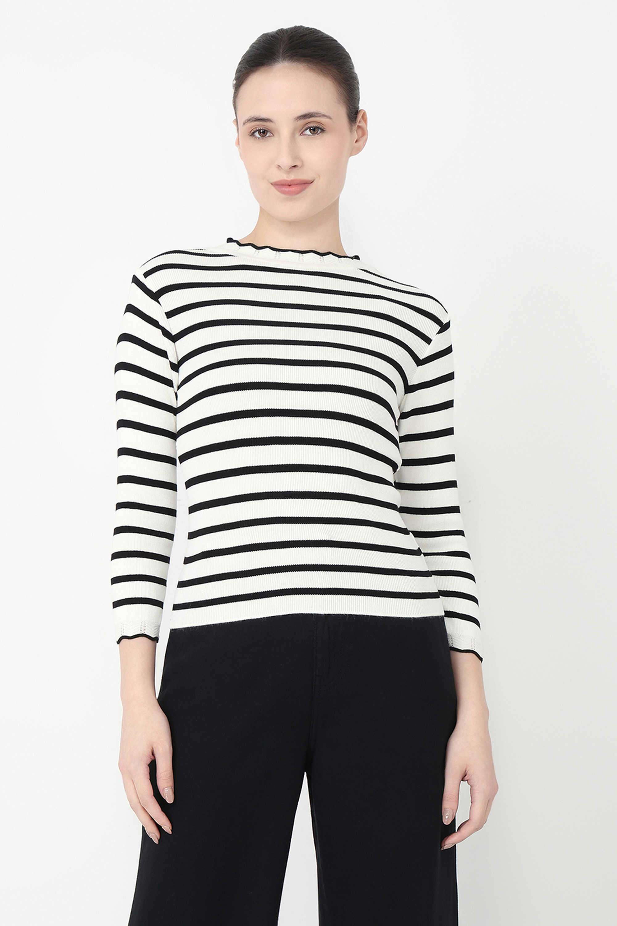 Stripes-Blended-Fabric-Round-Neck-Women-s-Top