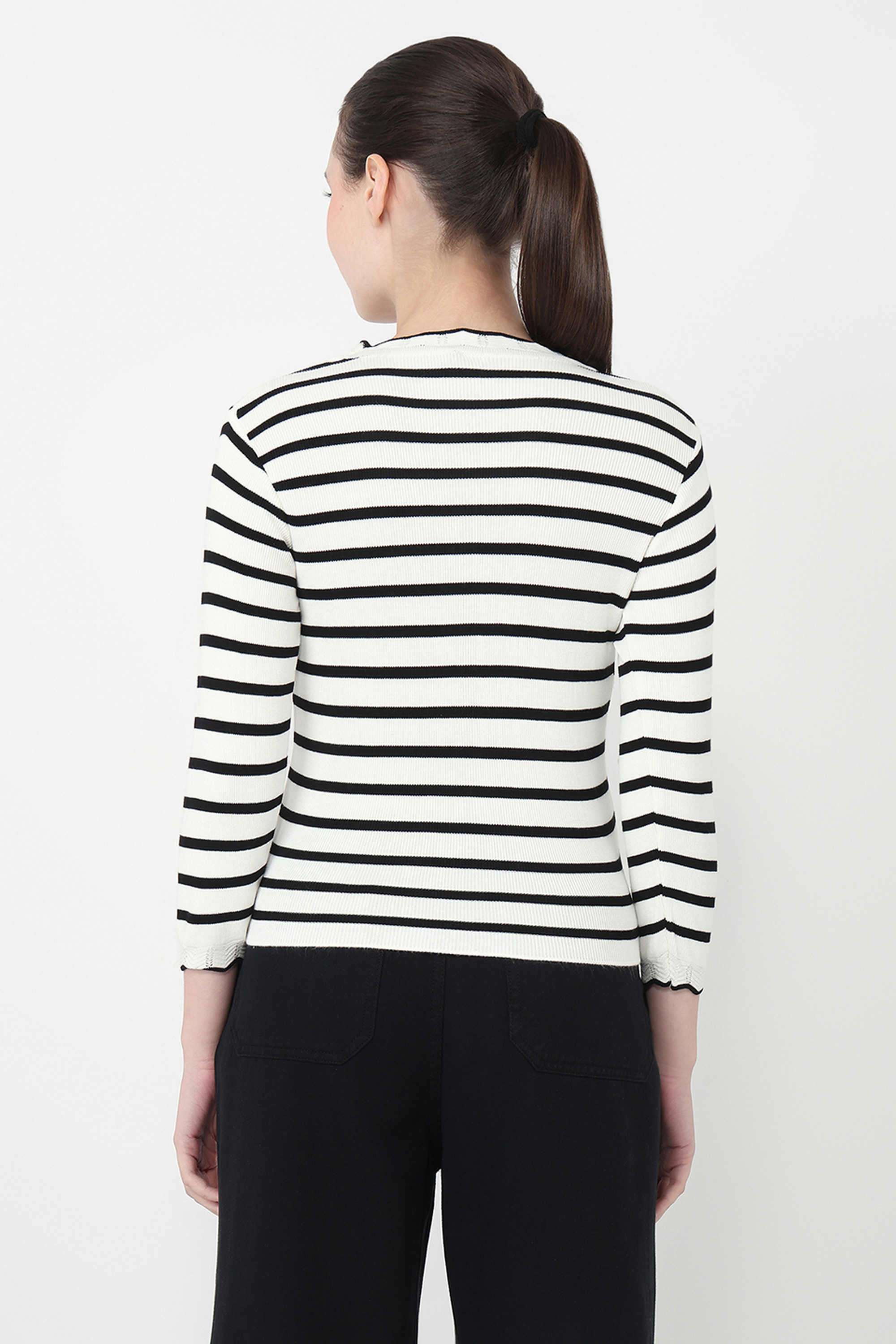 Stripes-Blended-Fabric-Round-Neck-Women-s-Top