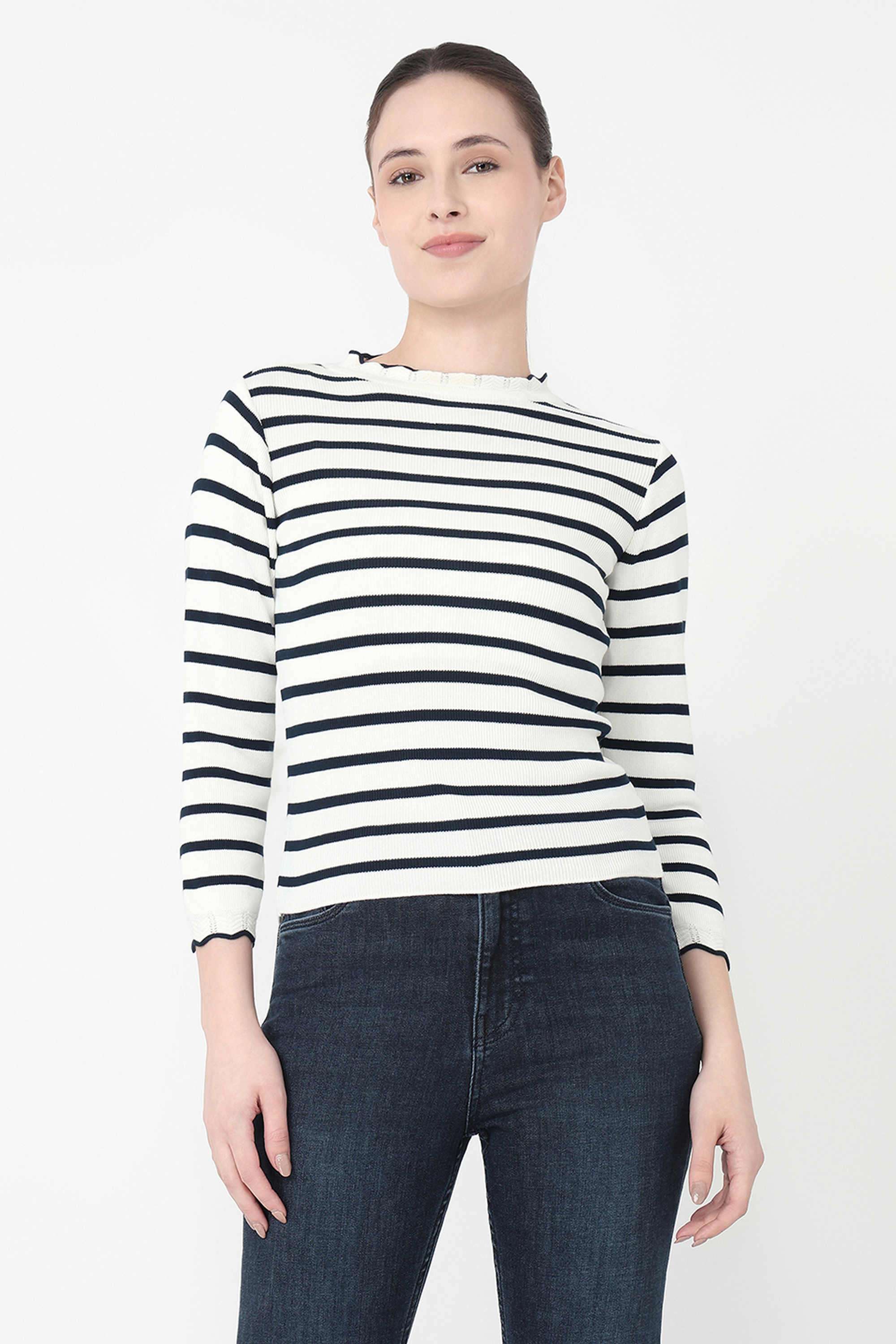Stripes-Blended-Fabric-Round-Neck-Women-s-Top