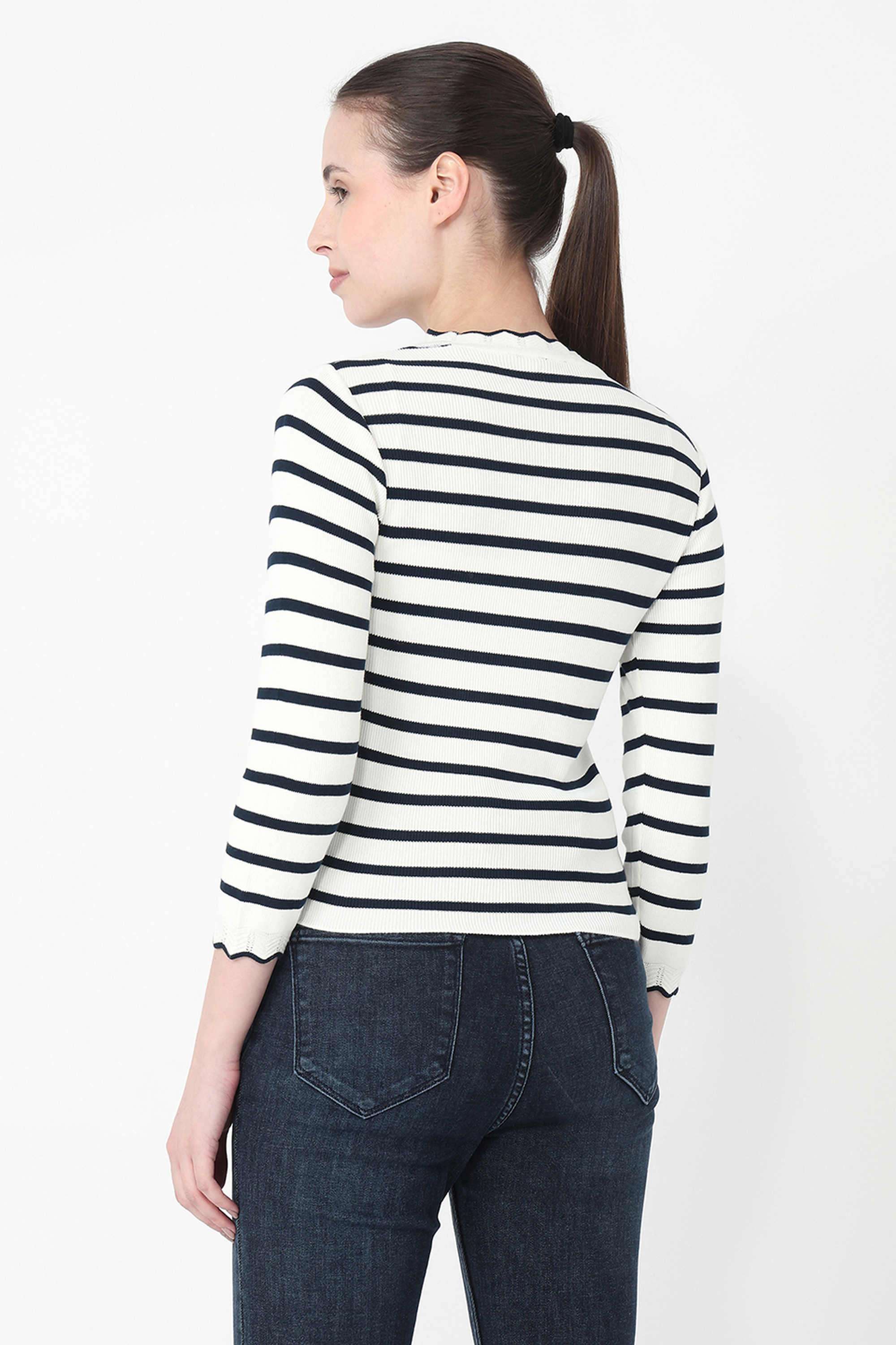 Stripes-Blended-Fabric-Round-Neck-Women-s-Top
