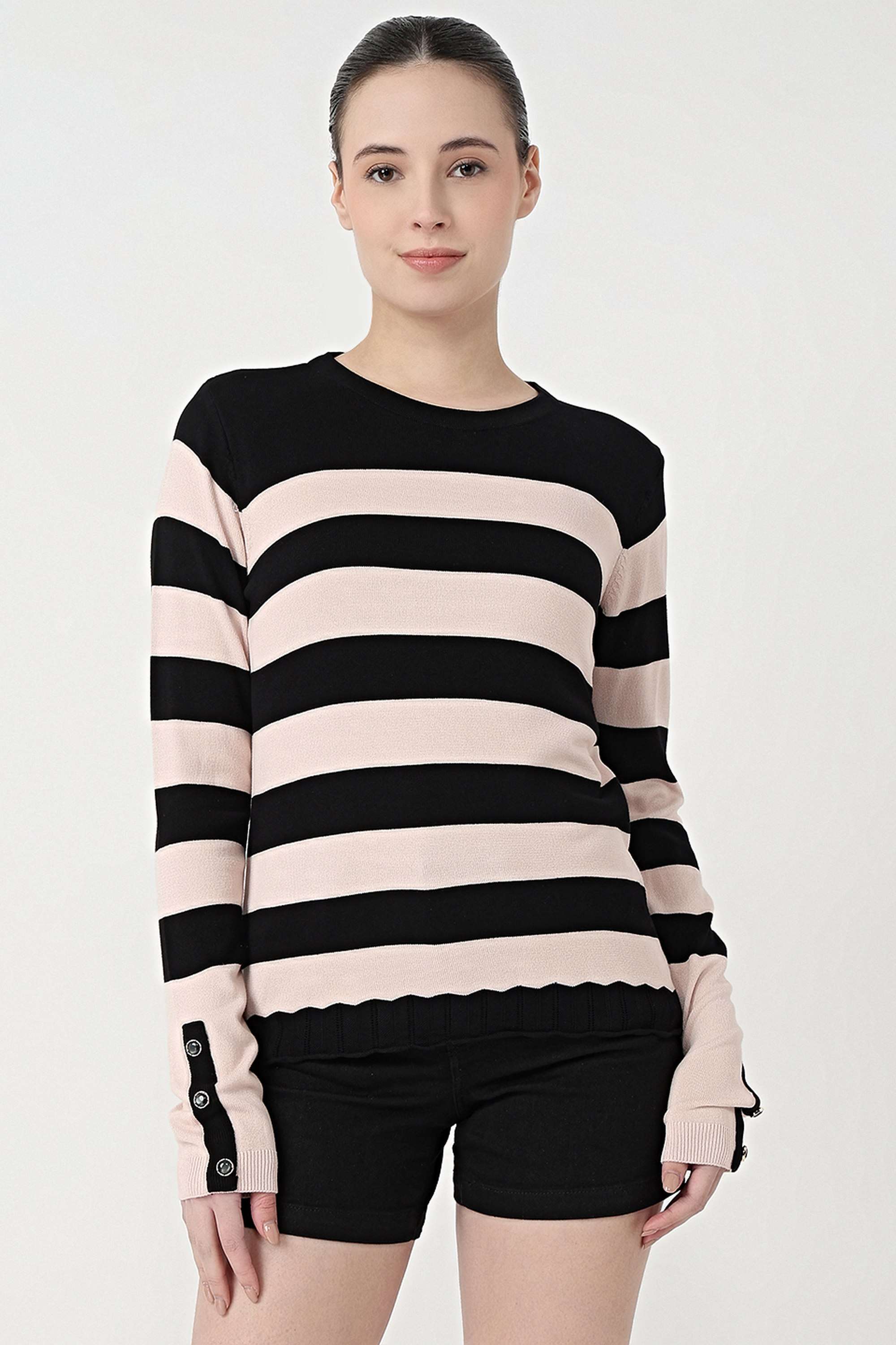 Stripes-Blended-Fabric-Round-Neck-Women-s-Top