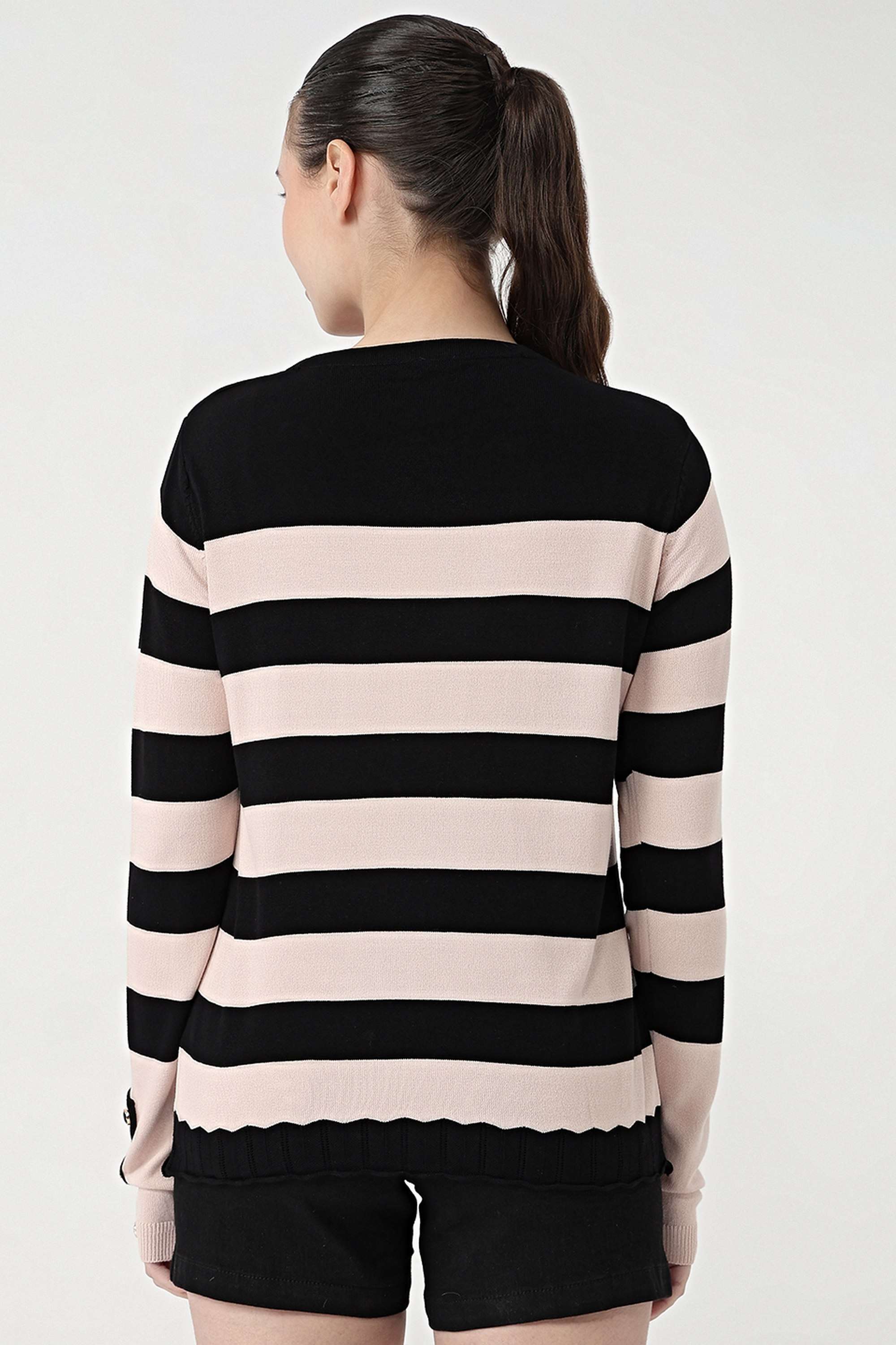 Stripes-Blended-Fabric-Round-Neck-Women-s-Top