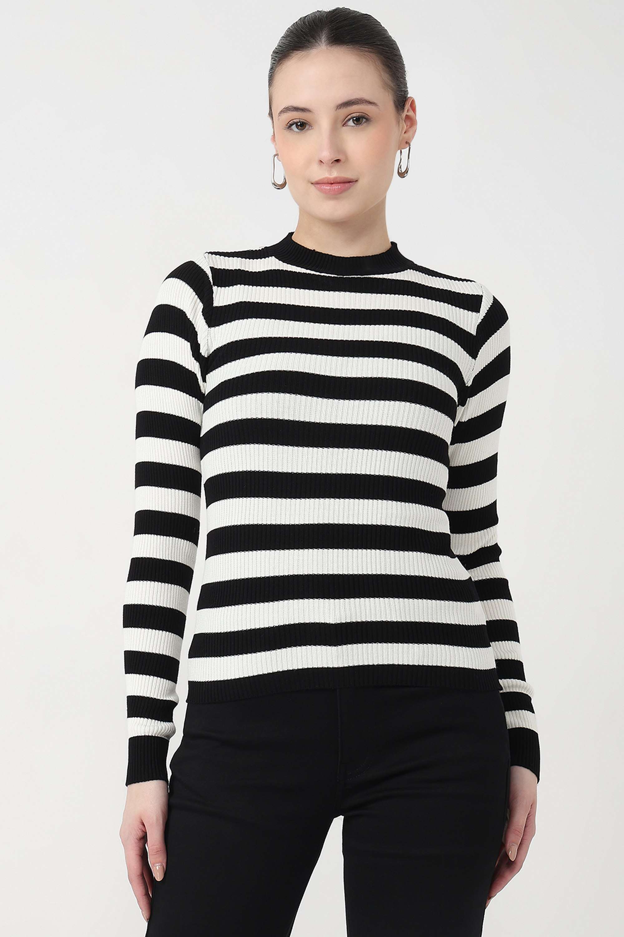 Stripes-Blended-Fabric-Round-Neck-Women-s-Top