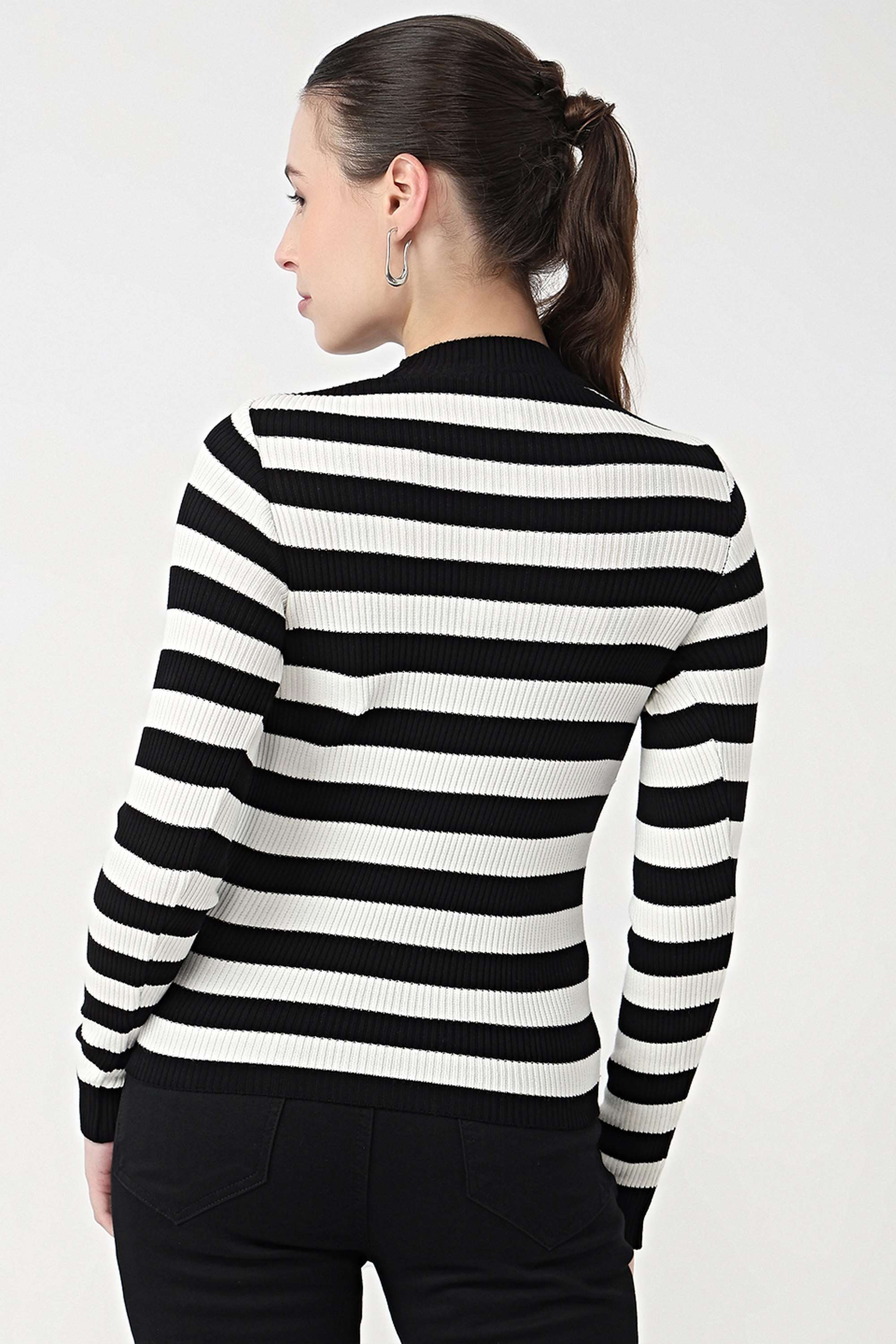 Stripes-Blended-Fabric-Round-Neck-Women-s-Top