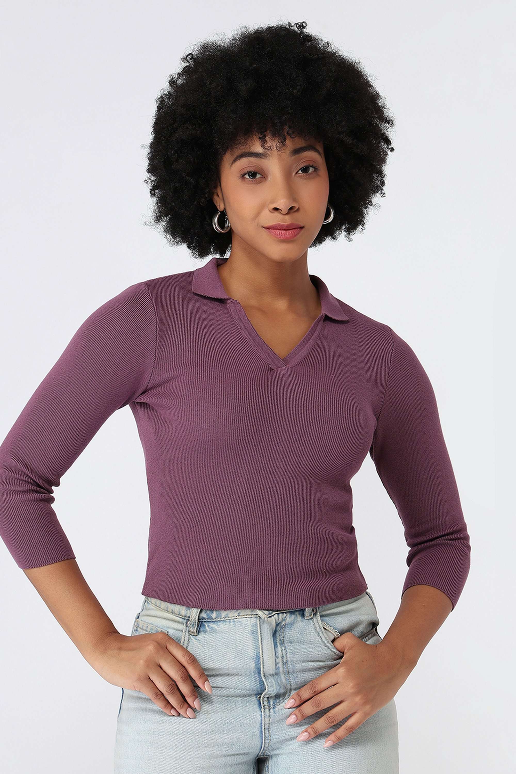 Solid-Blended-Fabric-Collared-Women-Top