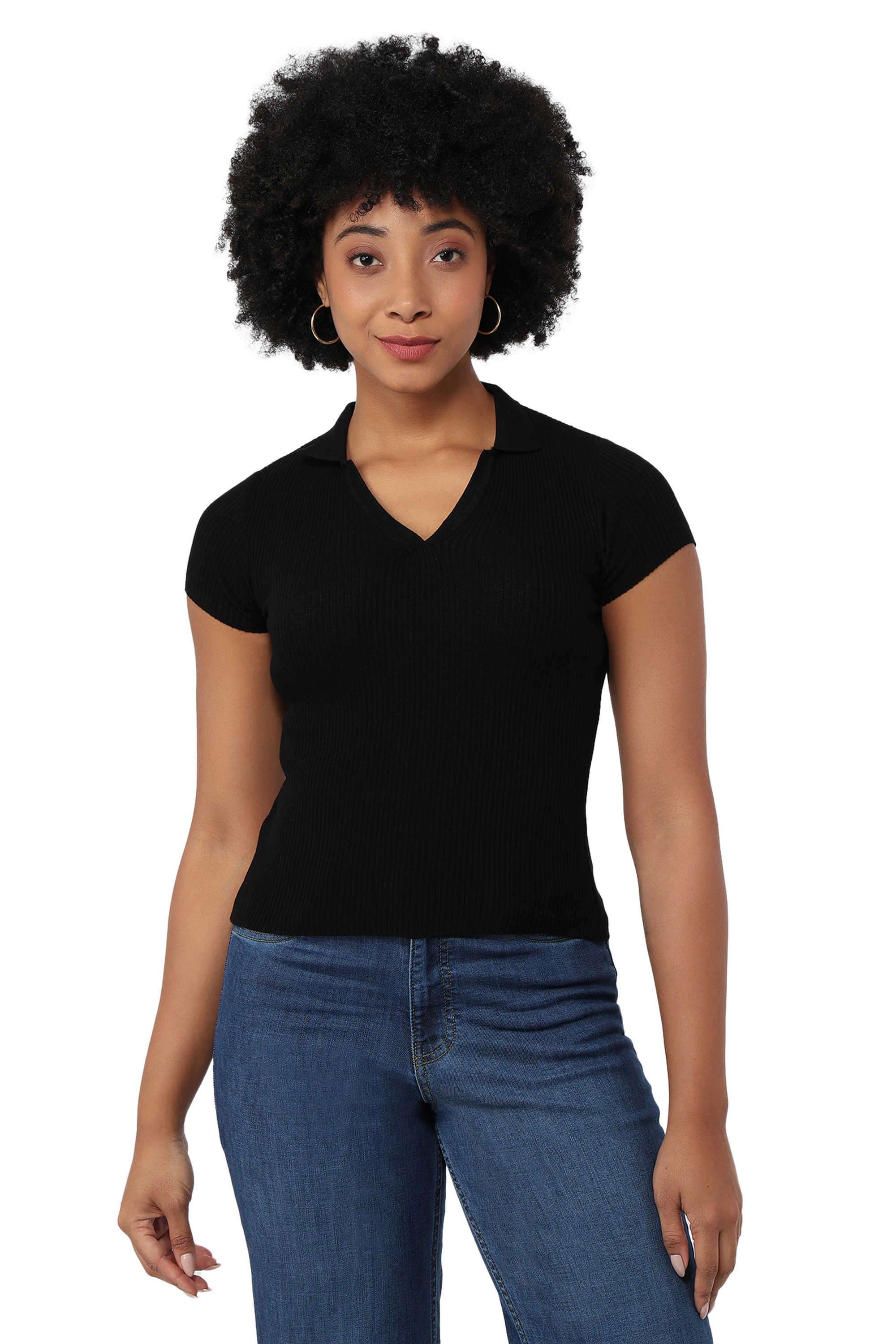 Knitted-Blended-Fabric-Polo-Women-Top