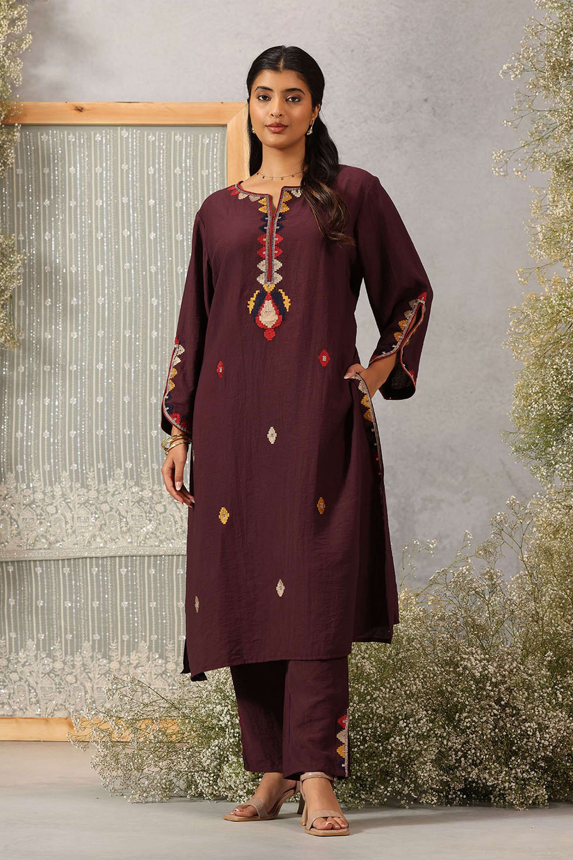 Embroidered-Viscose-Satin-Slit-Neck-Women-s-Festive-Wear-Kurta