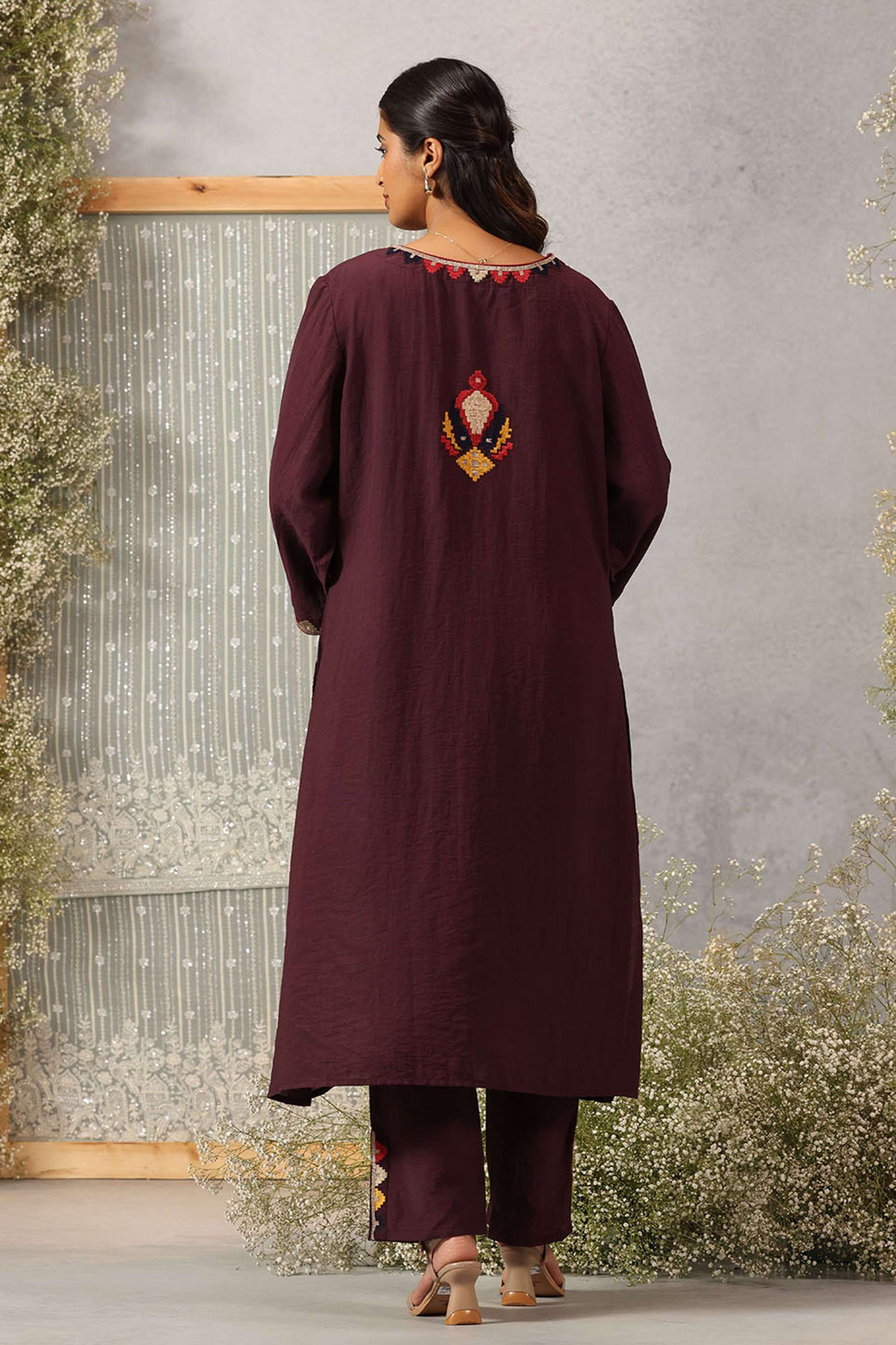 Embroidered-Viscose-Satin-Slit-Neck-Women-s-Festive-Wear-Kurta