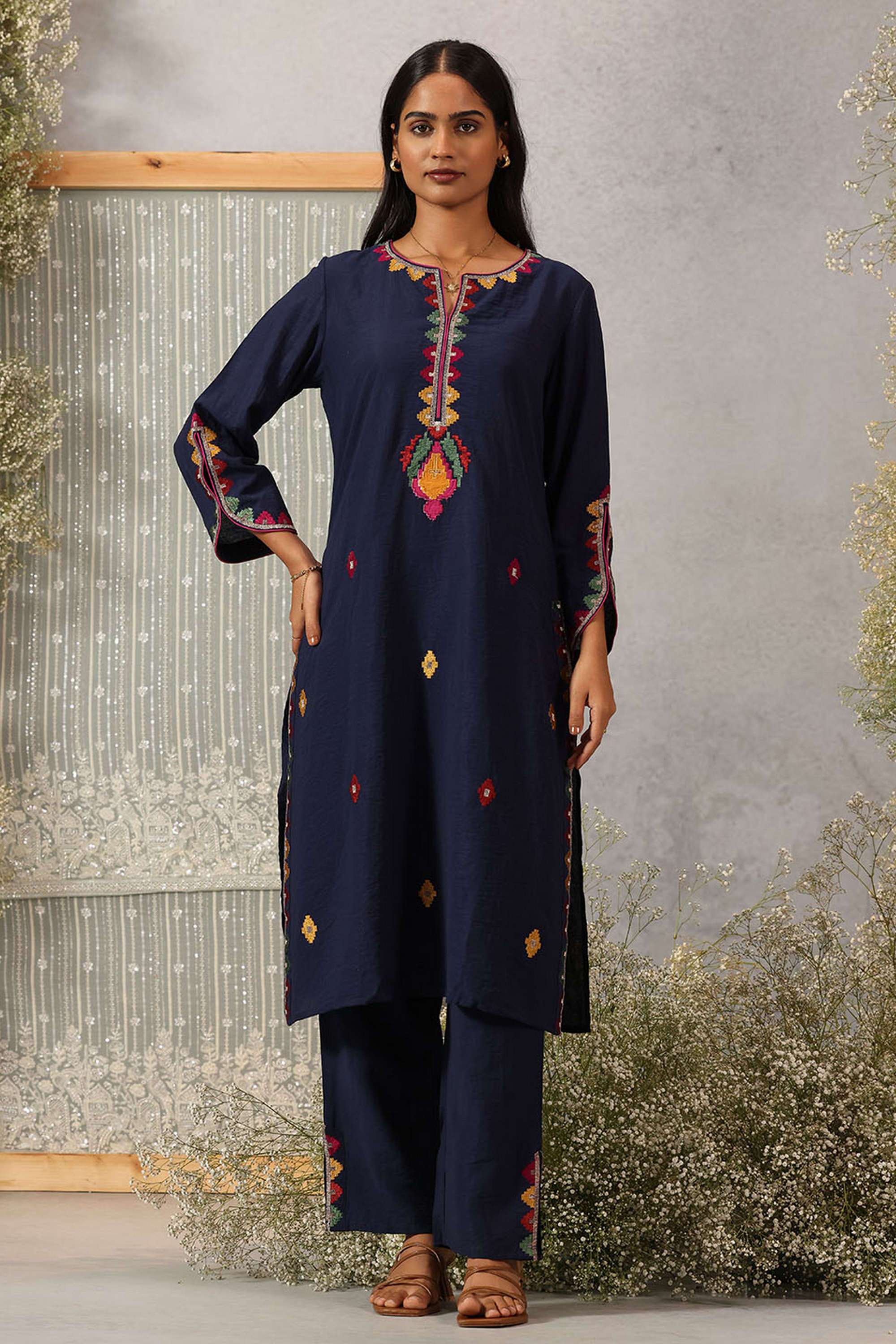 Embroidered-Viscose-Satin-Slit-Neck-Women-s-Festive-Wear-Kurta