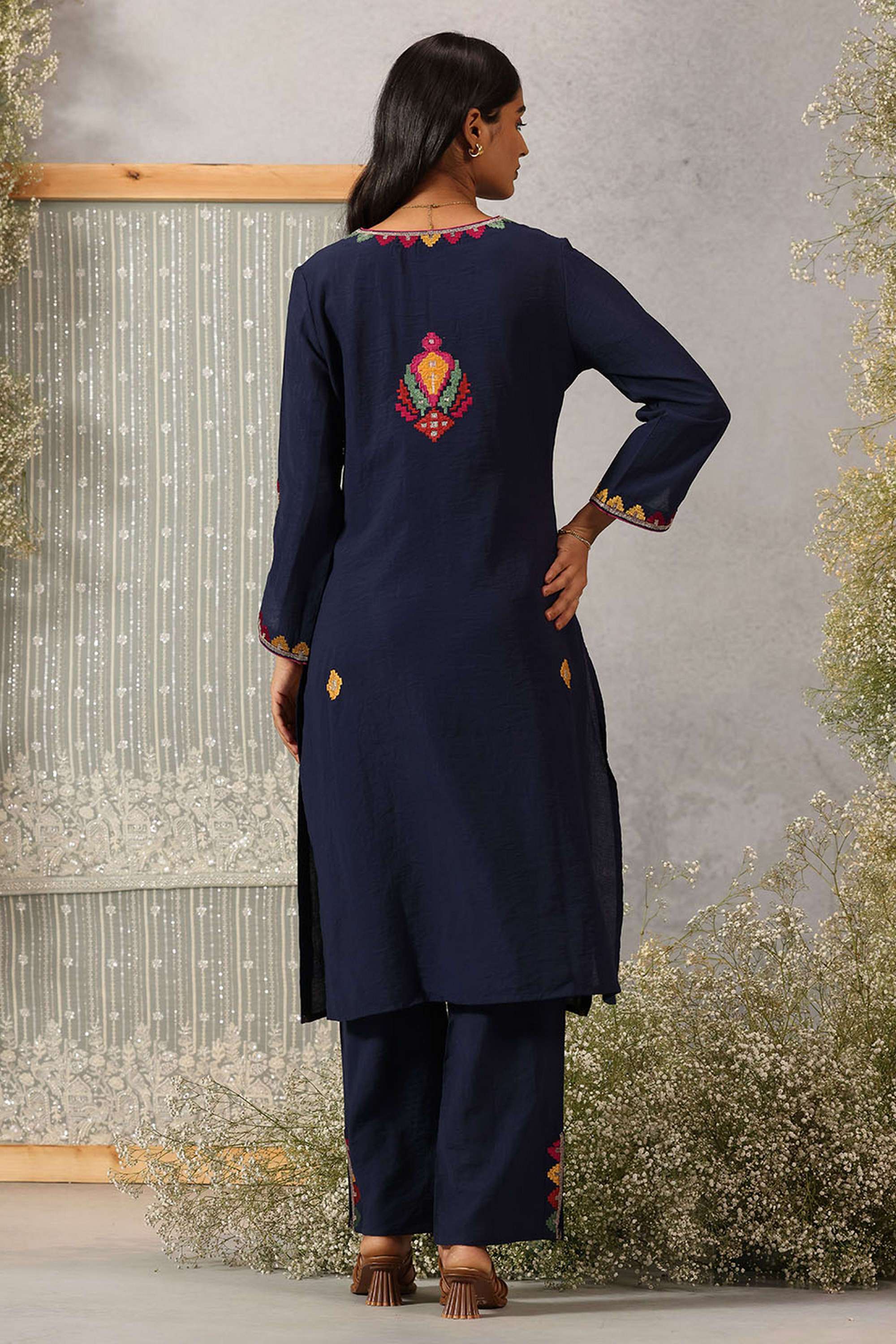 Embroidered-Viscose-Satin-Slit-Neck-Women-s-Festive-Wear-Kurta
