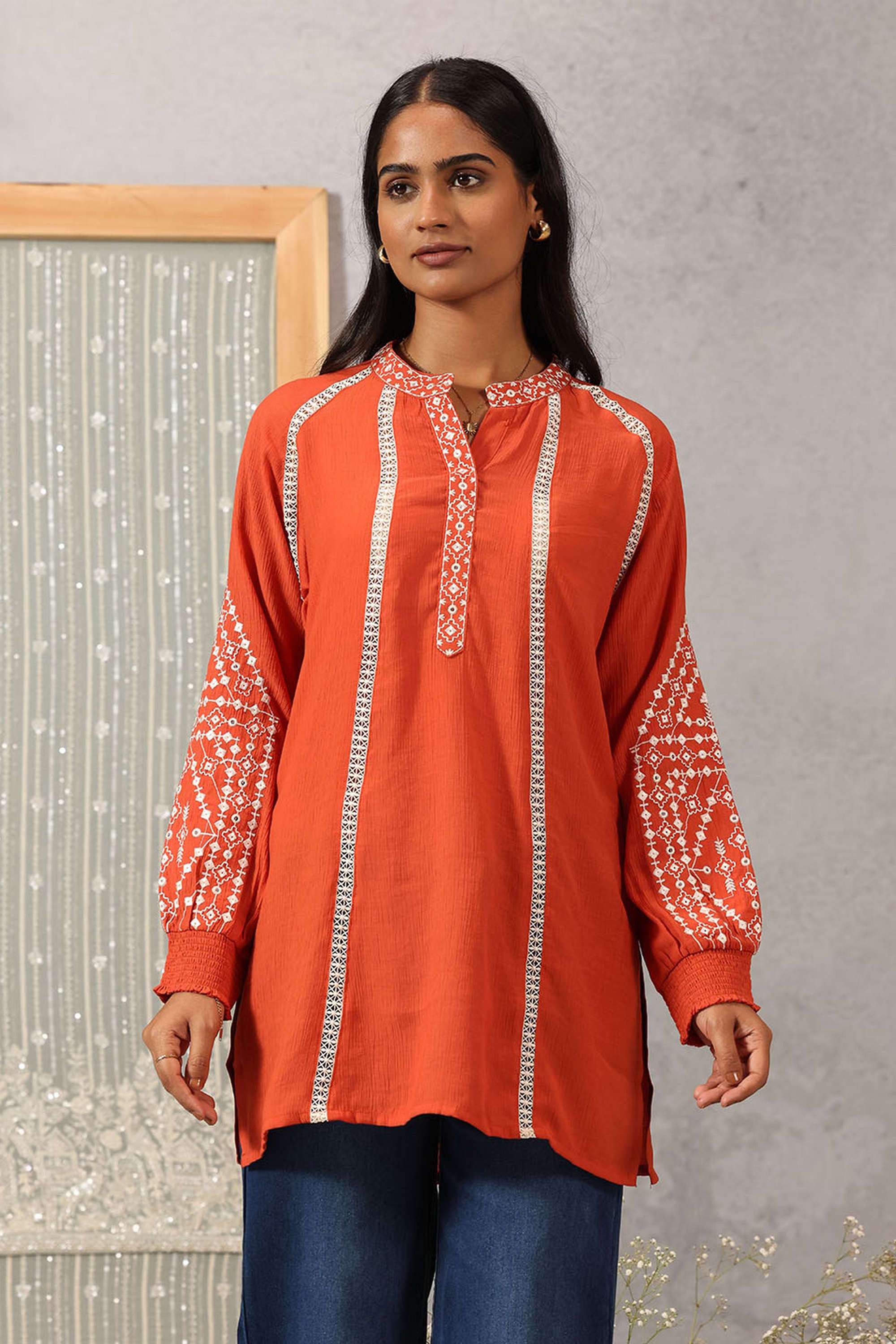 Embroidered-Cotton-Viscose-Crinkle-Mandarin-collar-Women-s-Evening-Tunic