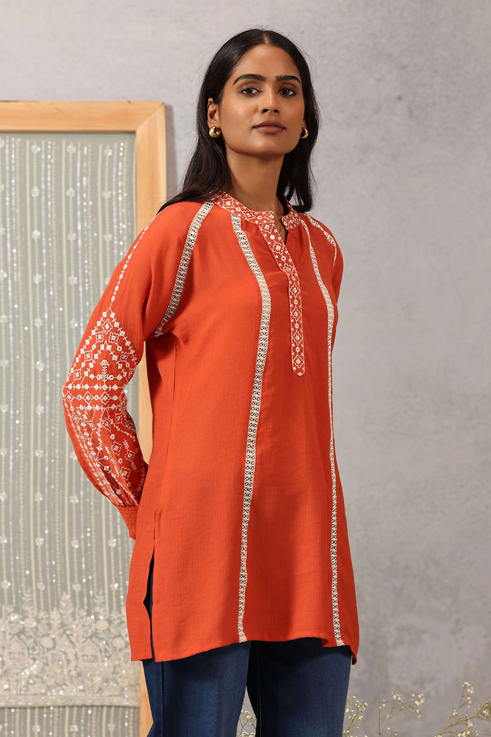 Embroidered-Cotton-Viscose-Crinkle-Mandarin-collar-Women-s-Evening-Tunic