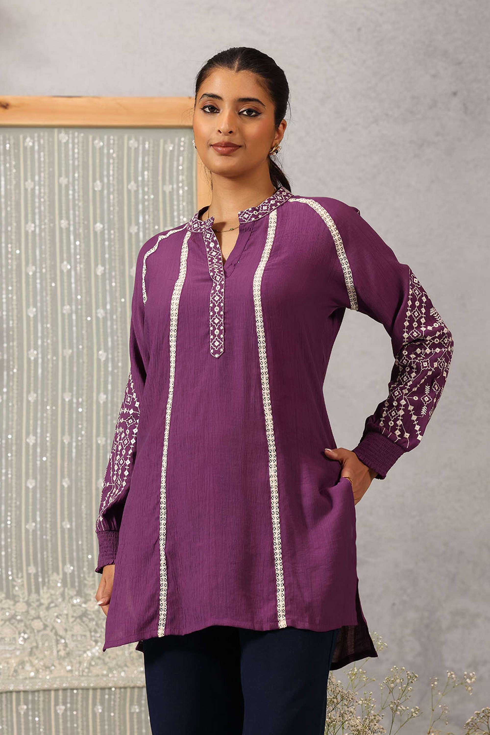 Embroidered-Cotton-Viscose-Crinkle-Mandarin-collar-Women-s-Evening-Tunic